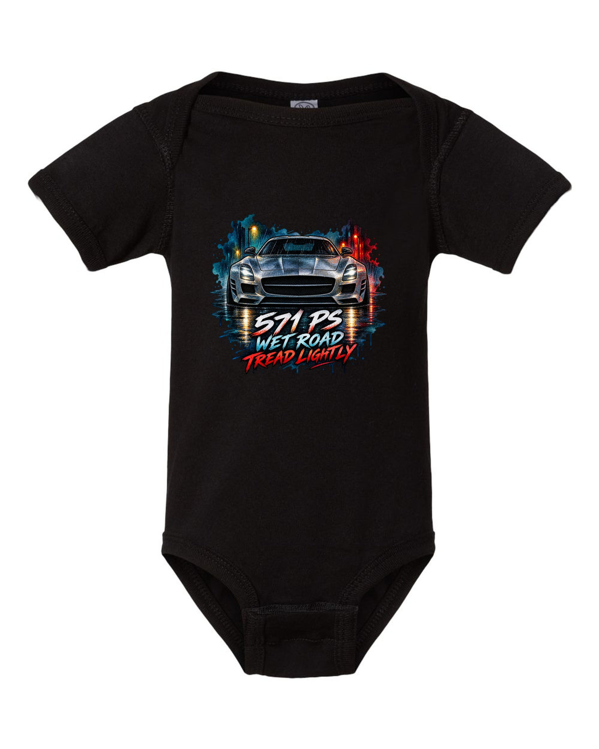 Watercolour illustration of a Mercedes SLS AMG C197 on a wet night road with 571 PS text black baby onesie front view with the design