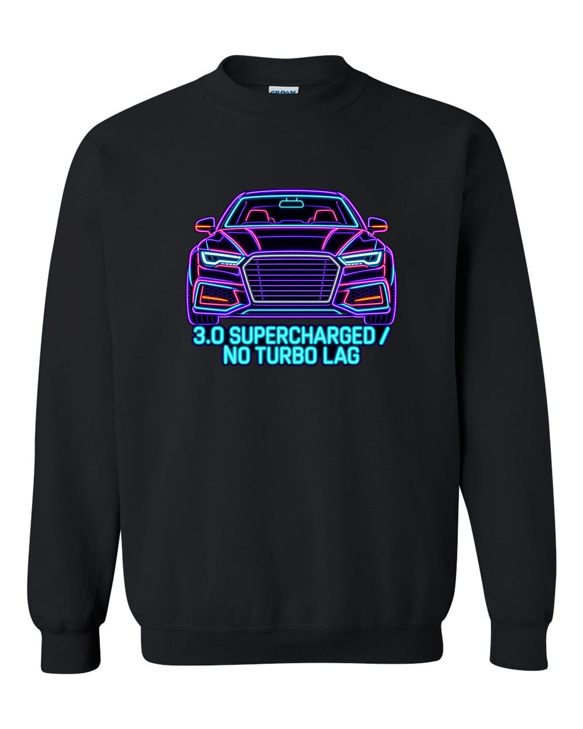 Neon sign line art print of an Audi S4 B8 with 3.0 Supercharged text black crewneck front view with the design