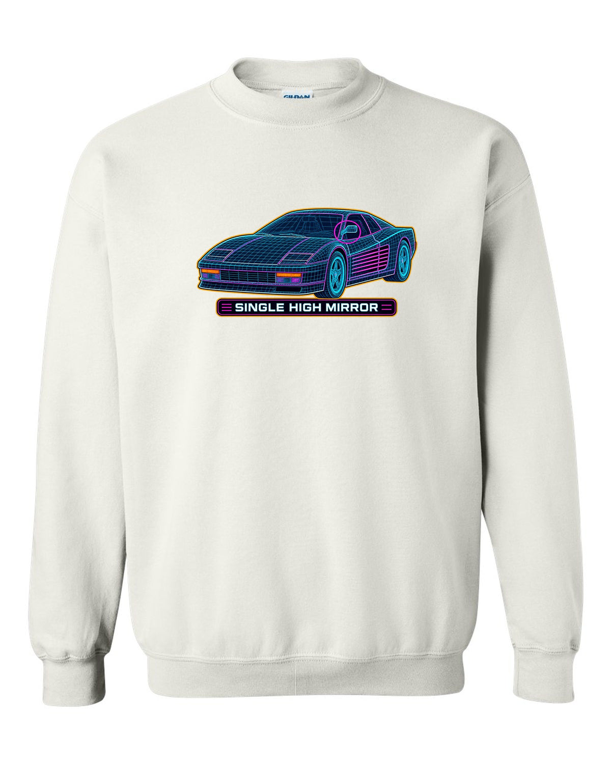 Wireframe CAD mesh print of the Ferrari Testarossa F110 with the text single high mirror white crewneck front view with the design
