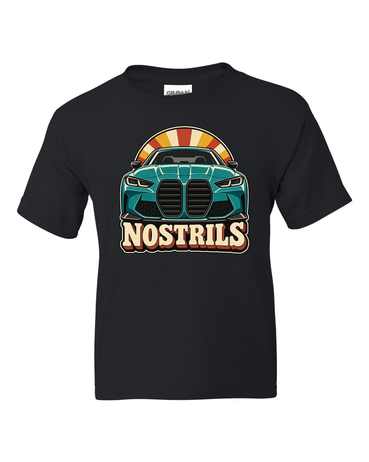 BMW G80 M3 retro catalogue ad style print with Nostrils text black kids tee front view with the design
