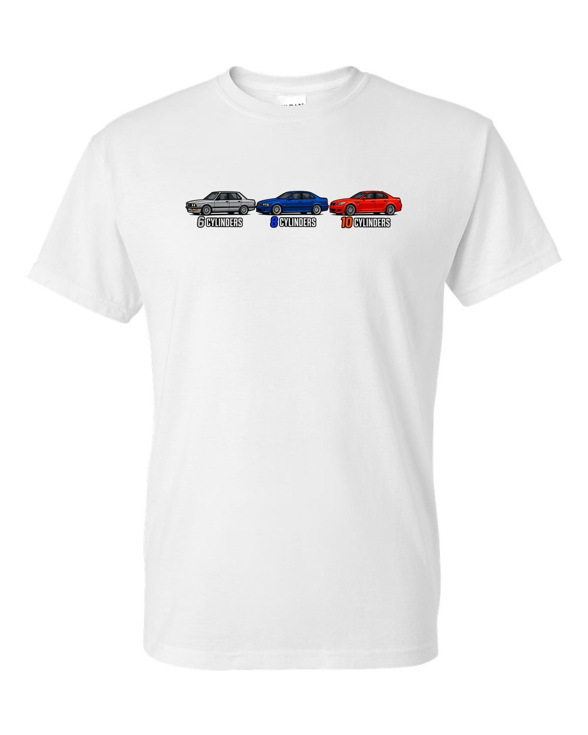 Generation lineup print of the BMW M5 E28, E39 and E60 with 6, 8 and 10 cylinders text white t-shirt front view with the design
