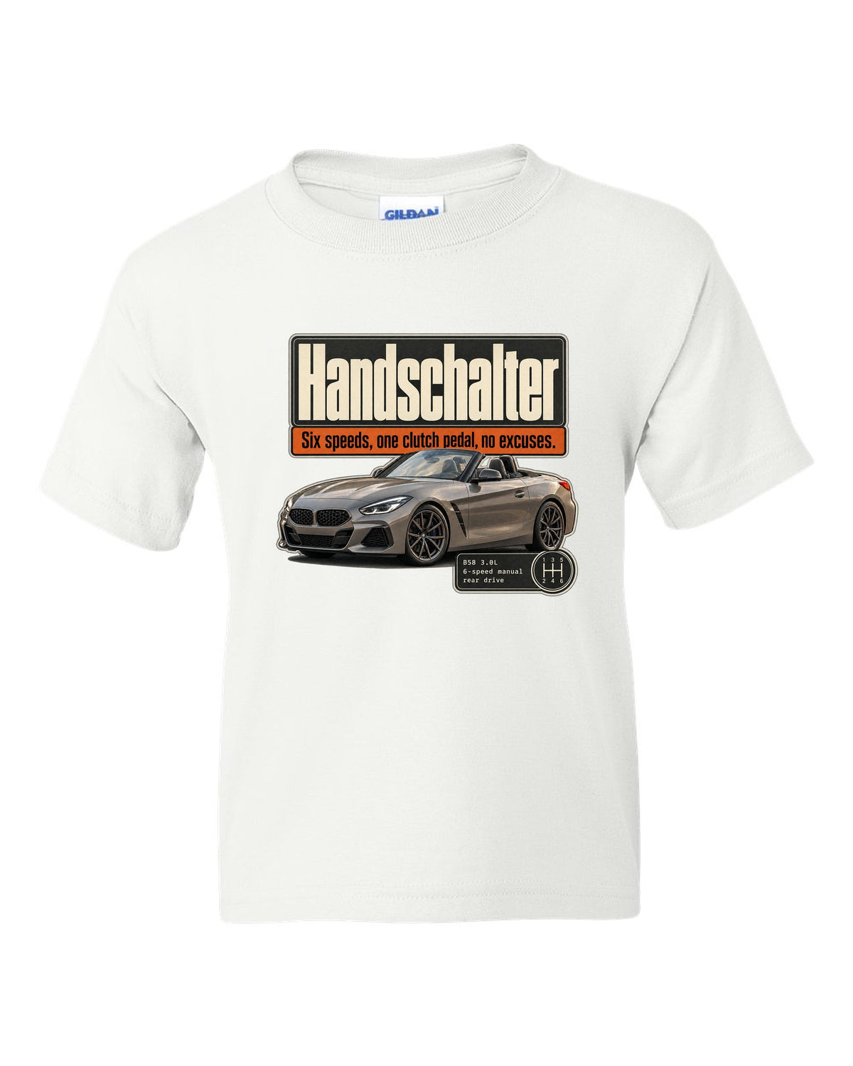 Editorial print for the BMW Z4 M40i six-speed manual labelled Handschalter white kids tee front view with the design