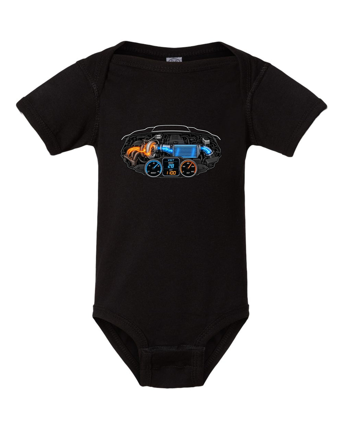 Gauge-cluster HUD print of a 2003-2009 Dodge Ram 3rd gen 5.9 compound turbo with VGT boost 28 EGT 1100 text black baby onesie front view with the design