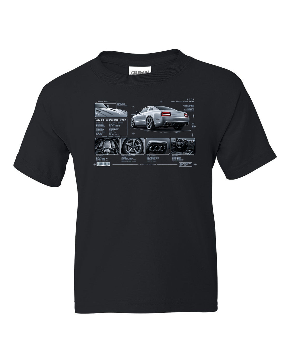 BMW E92 M3 coupe dossier panel print showing 414 PS and 8,300 RPM black kids tee front view with the design