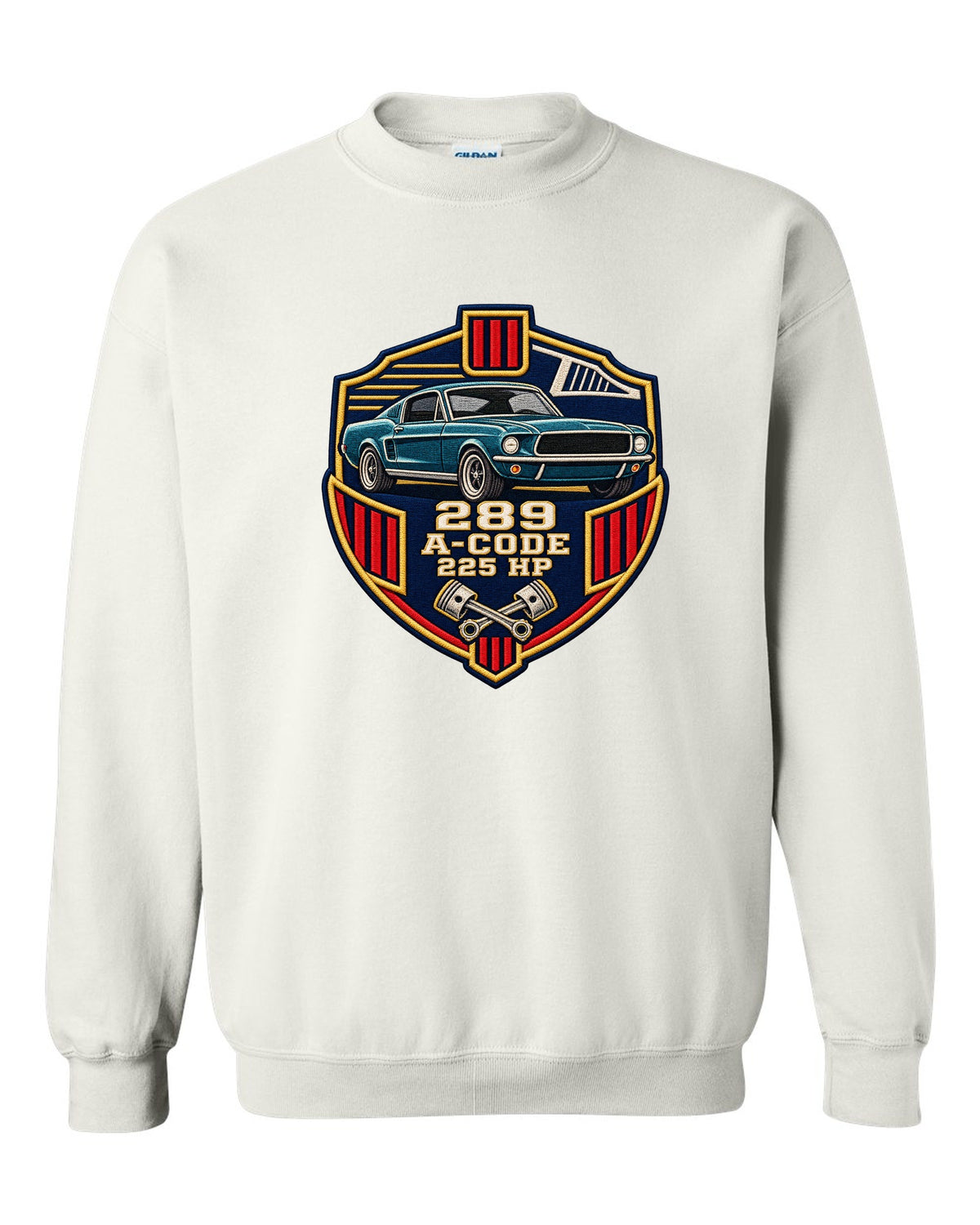 Embroidery-style varsity crest print for a 1967 Ford Mustang fastback A-Code 289 white crewneck front view with the design