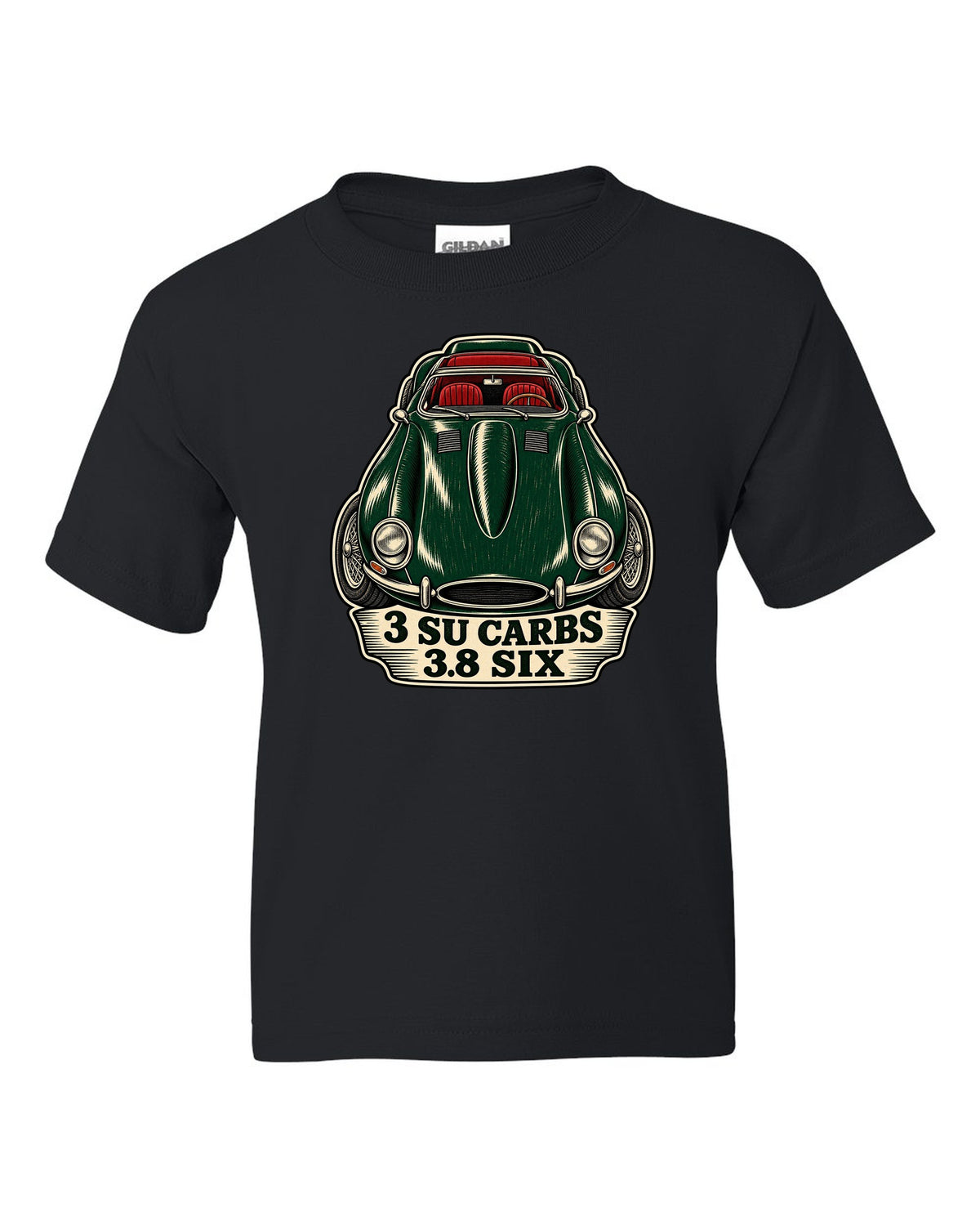 Jaguar E-Type Series 1 long bonnet woodcut with 3 SU CARBS 3.8 SIX lettering black kids tee front view with the design