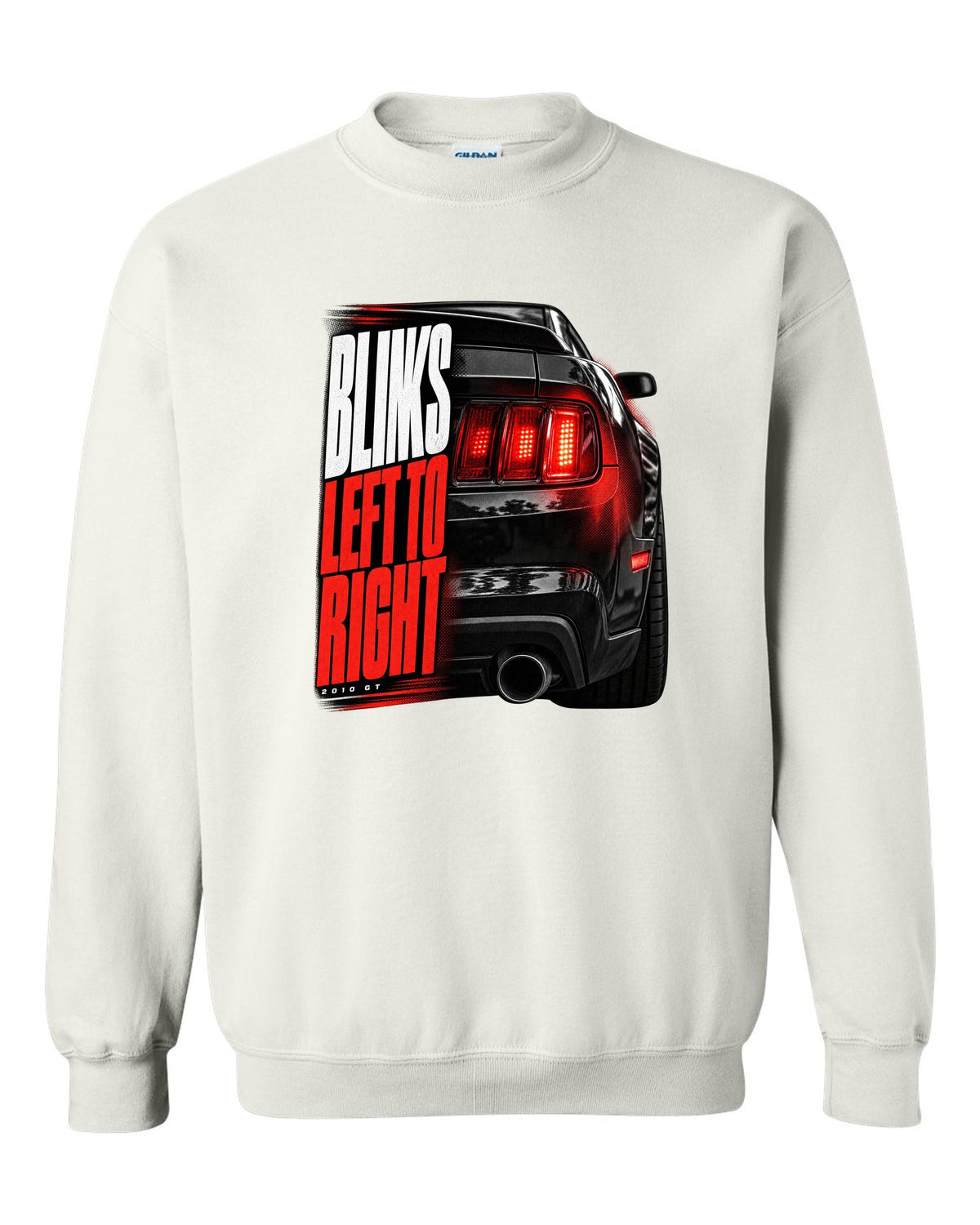 Macro print of a 2010 Ford Mustang S197 GT taillight white crewneck front view with the design
