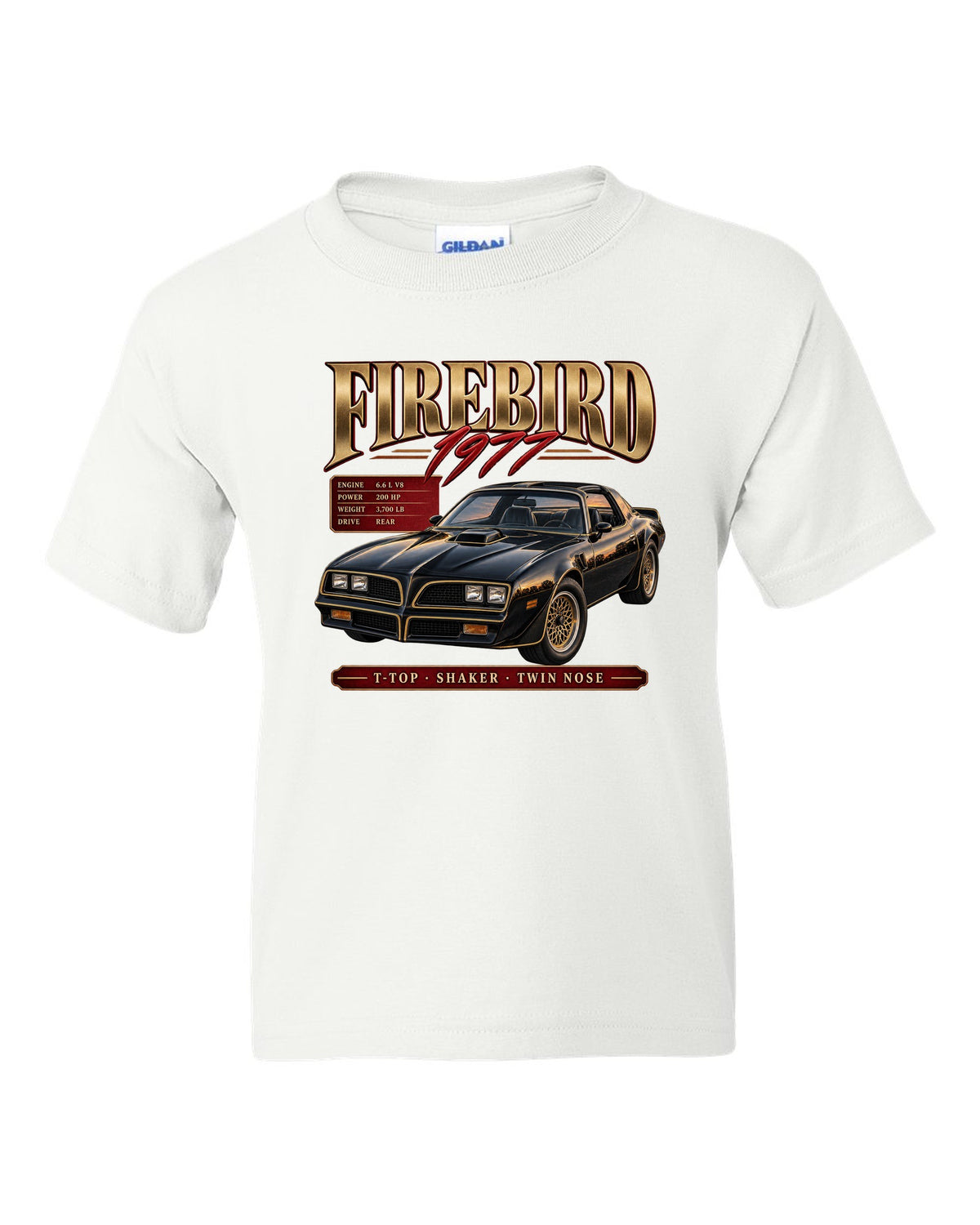 print archive panel of a 1977 Pontiac Firebird T-top with shaker and twin nose lettering white kids tee front view with the design