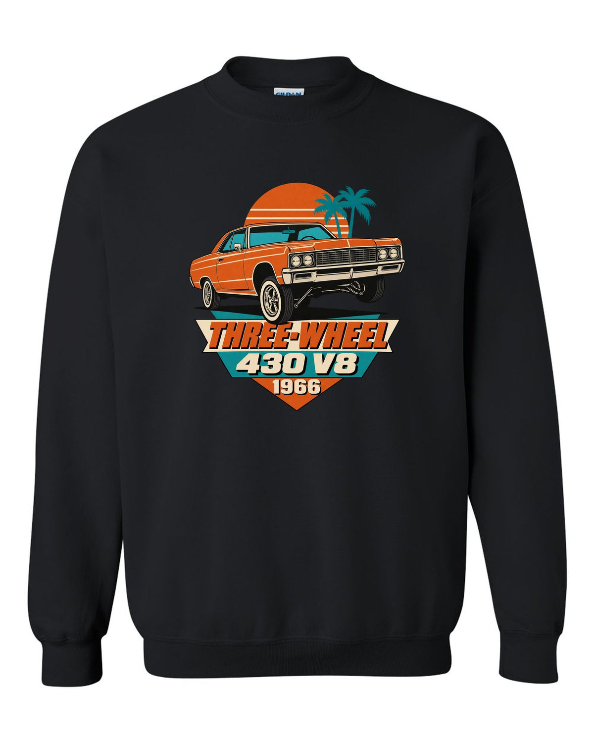 1966 Lincoln Continental lowrider on hydraulics in a 1960s litho poster style black crewneck front view with the design