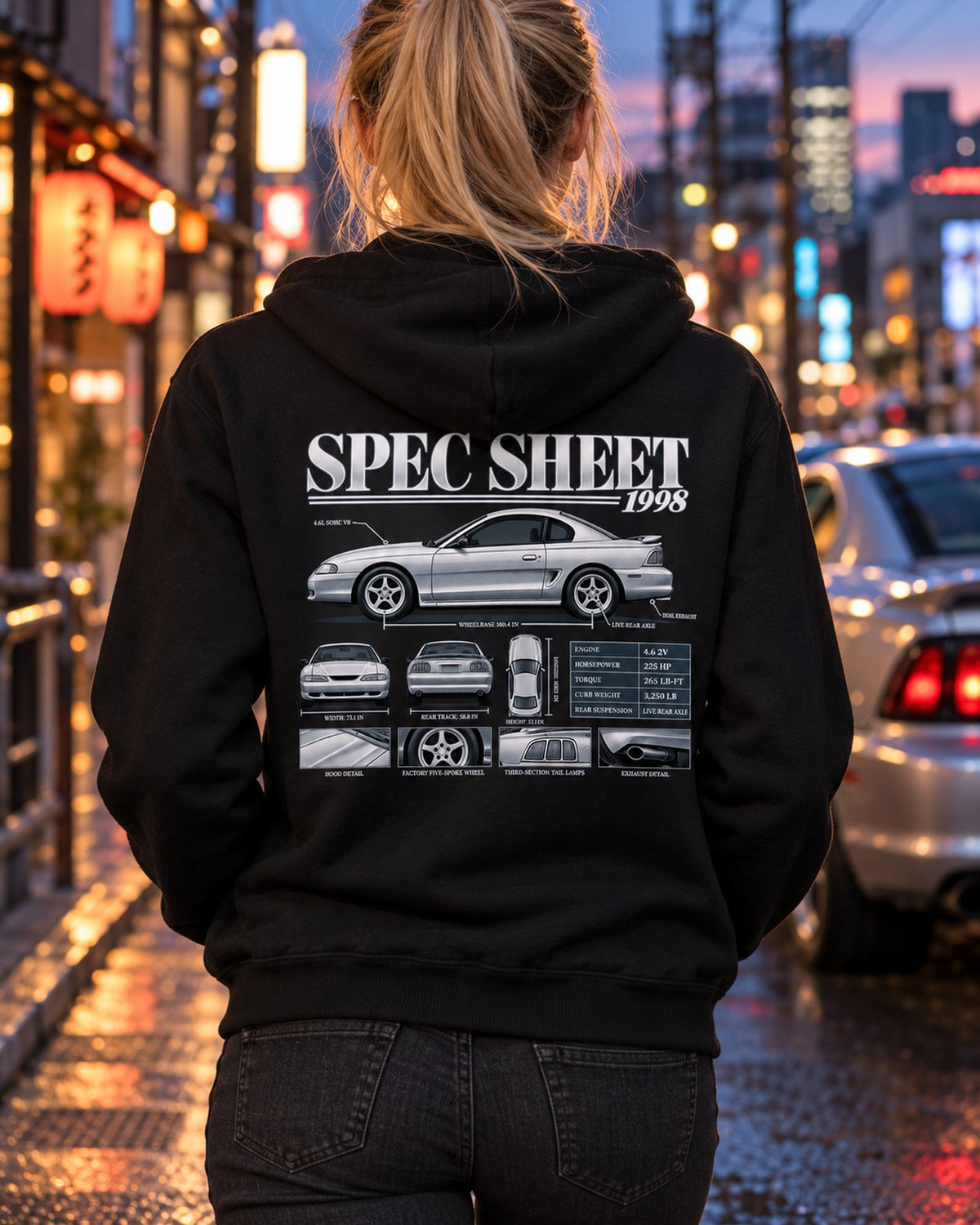 SN95 Mustang GT 1998 Spec Sheet Poster Shirt Zip Hoodie Black worn hero