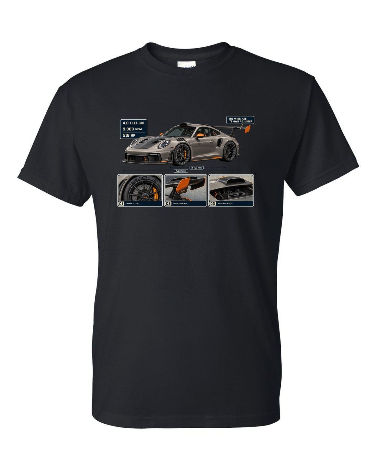 print dossier panels of a Porsche 911 GT3 RS 992 in warm grey with orange accents black t-shirt front view with the design