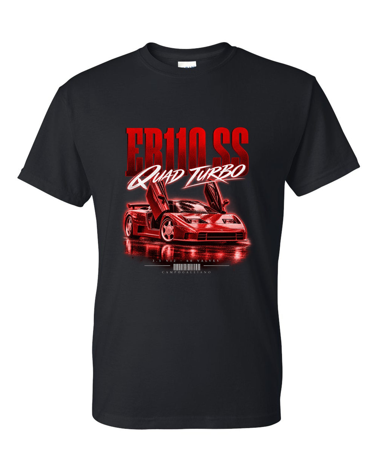 Bugatti EB110 SS 1992 street poster with quad turbo V12 text black t-shirt front view with the design