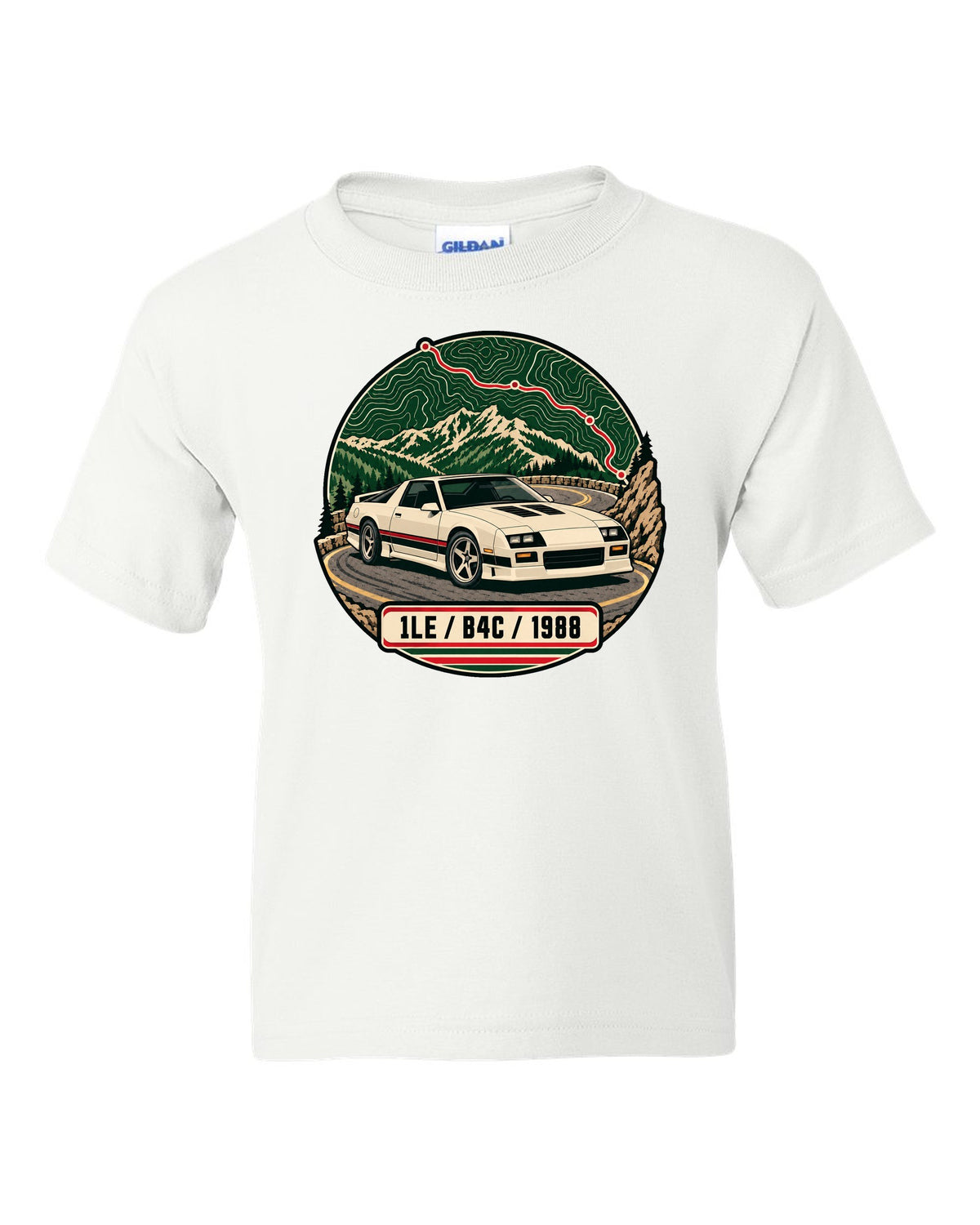 1988 Chevrolet Camaro 1LE topographic route map print with 1LE B4C 1988 text white kids tee front view with the design