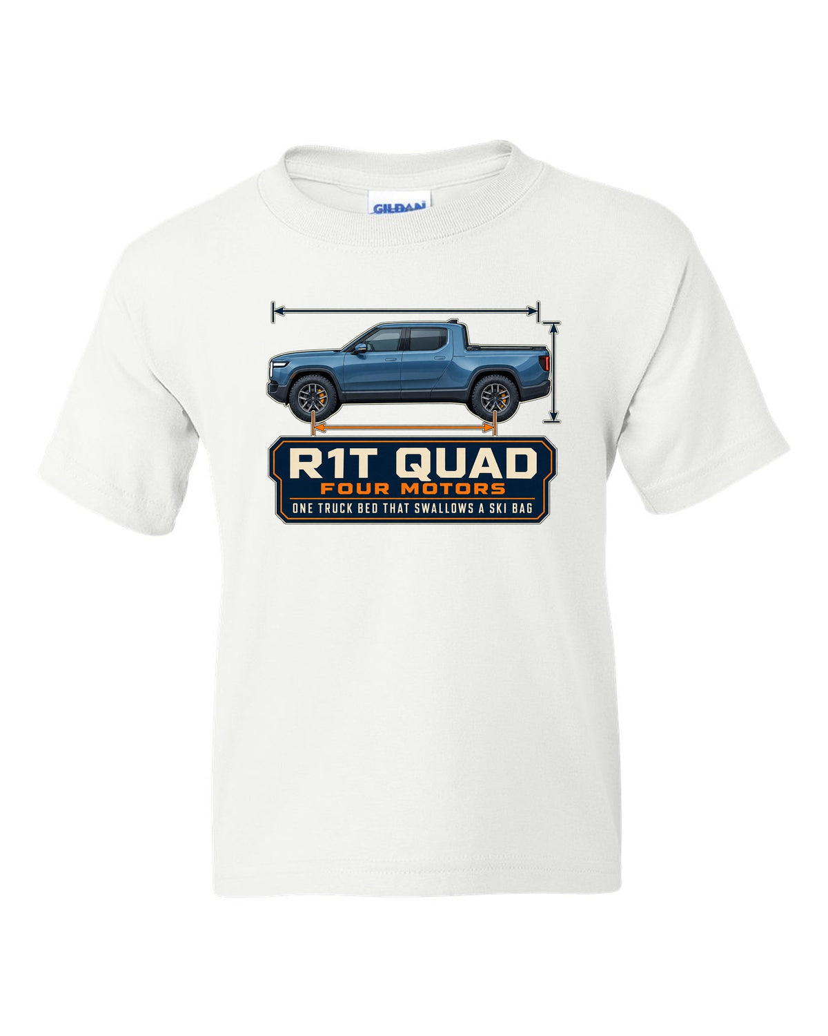 Dimension blueprint print of the Rivian R1T quad-motor electric truck white kids tee front view with the design