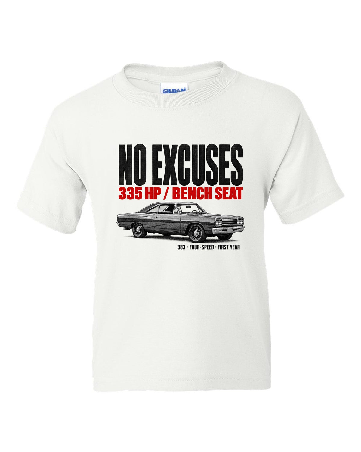 1968 Plymouth Road Runner B-body coupe profile halftone print with No Excuses lettering white kids tee front view with the design
