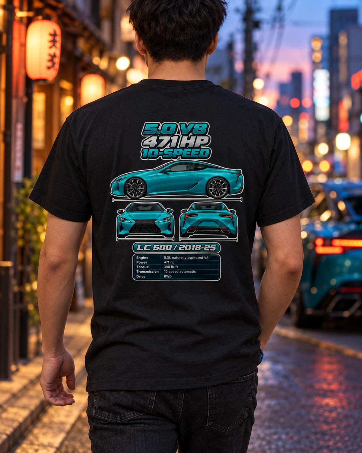 Lexus Lc 500 Spec Sheet Full-Back Graphic Tee T-Shirt Black worn hero