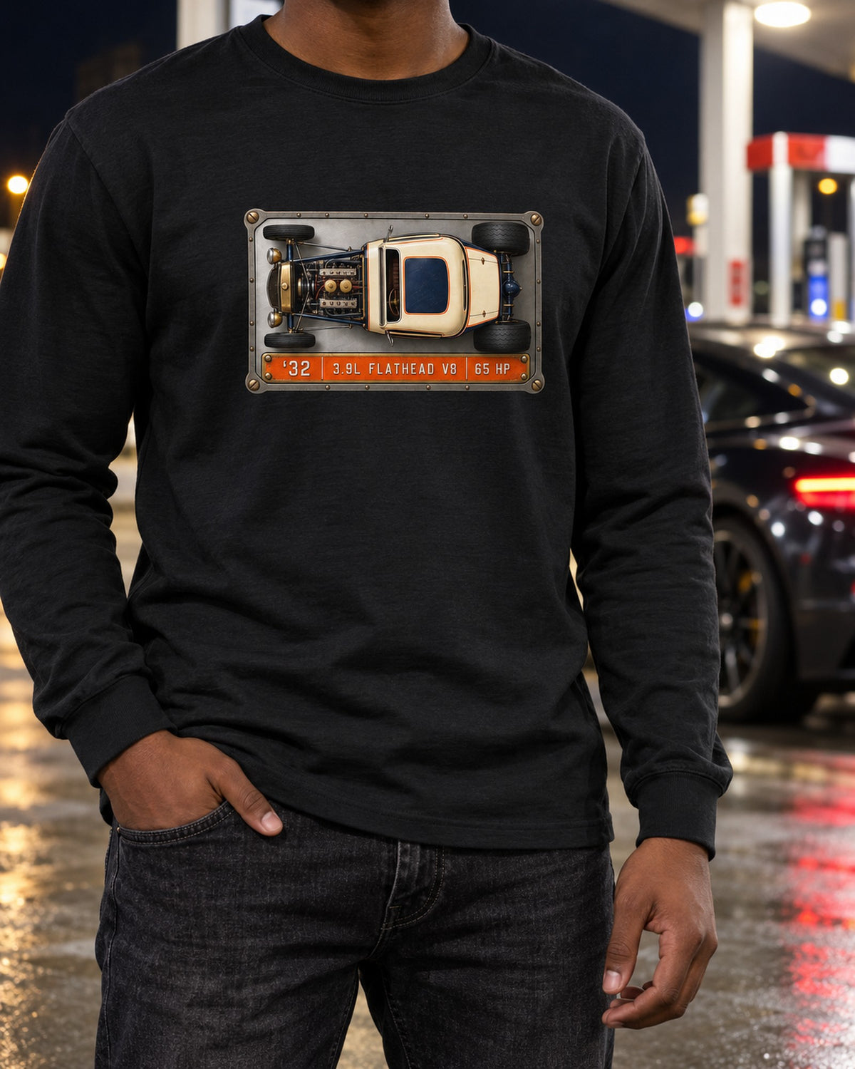 Ford 1932 Deuce Coupe Flathead V8 Data Plate Top-Down Shirt Long Sleeve Black worn hero
