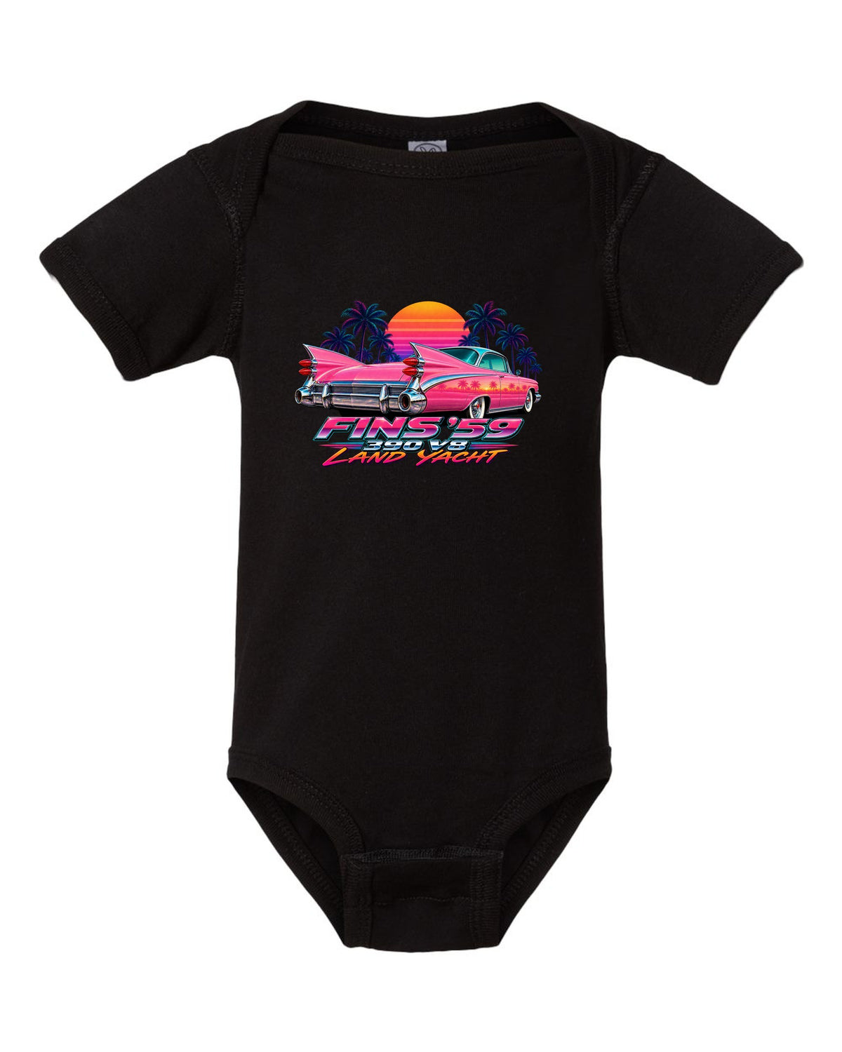 1959 Cadillac Series 62 Coupe de Ville rear fins against an airbrush retro sunset black baby onesie front view with the design