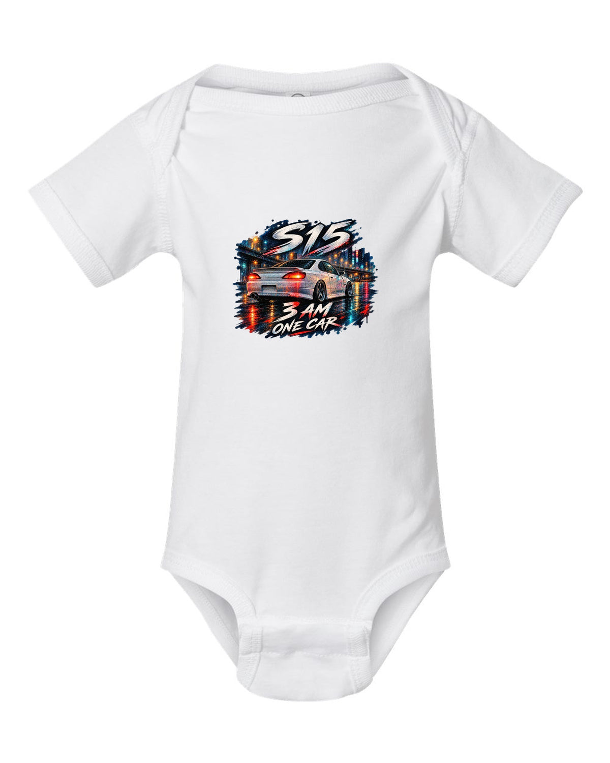 Watercolour wet-road night scene of a Nissan Silvia S15 at 3 AM white baby onesie front view with the design