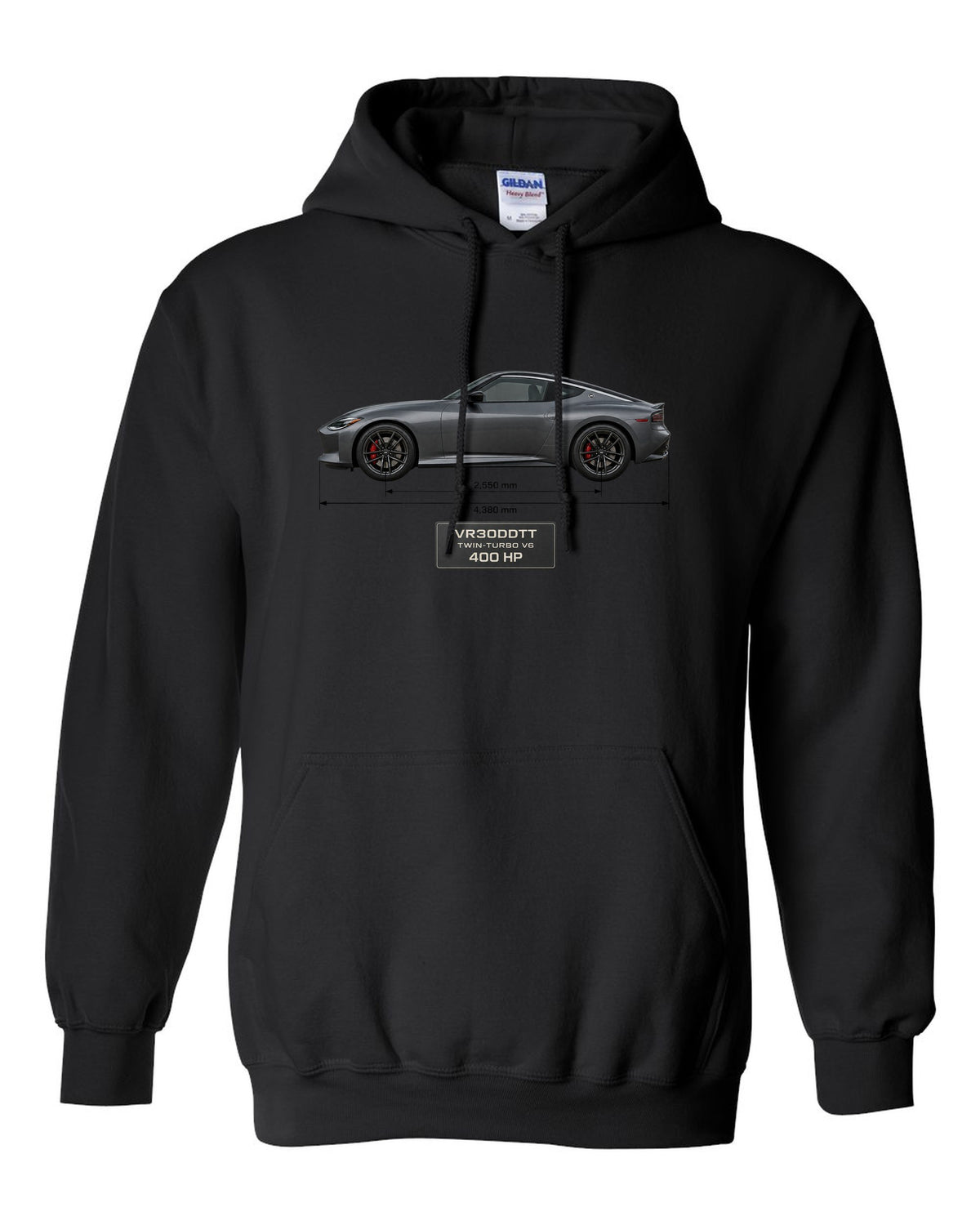 2024 Nissan Z NISMO dossier panels showing 420 hp and 384 lb-ft black pull over hoodie front view with the design