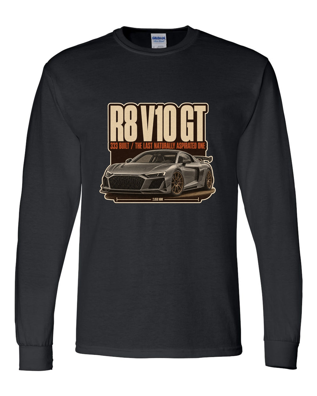 Audi R8 V10 GT RWD final edition editorial headline print design black long sleeve front view with the design