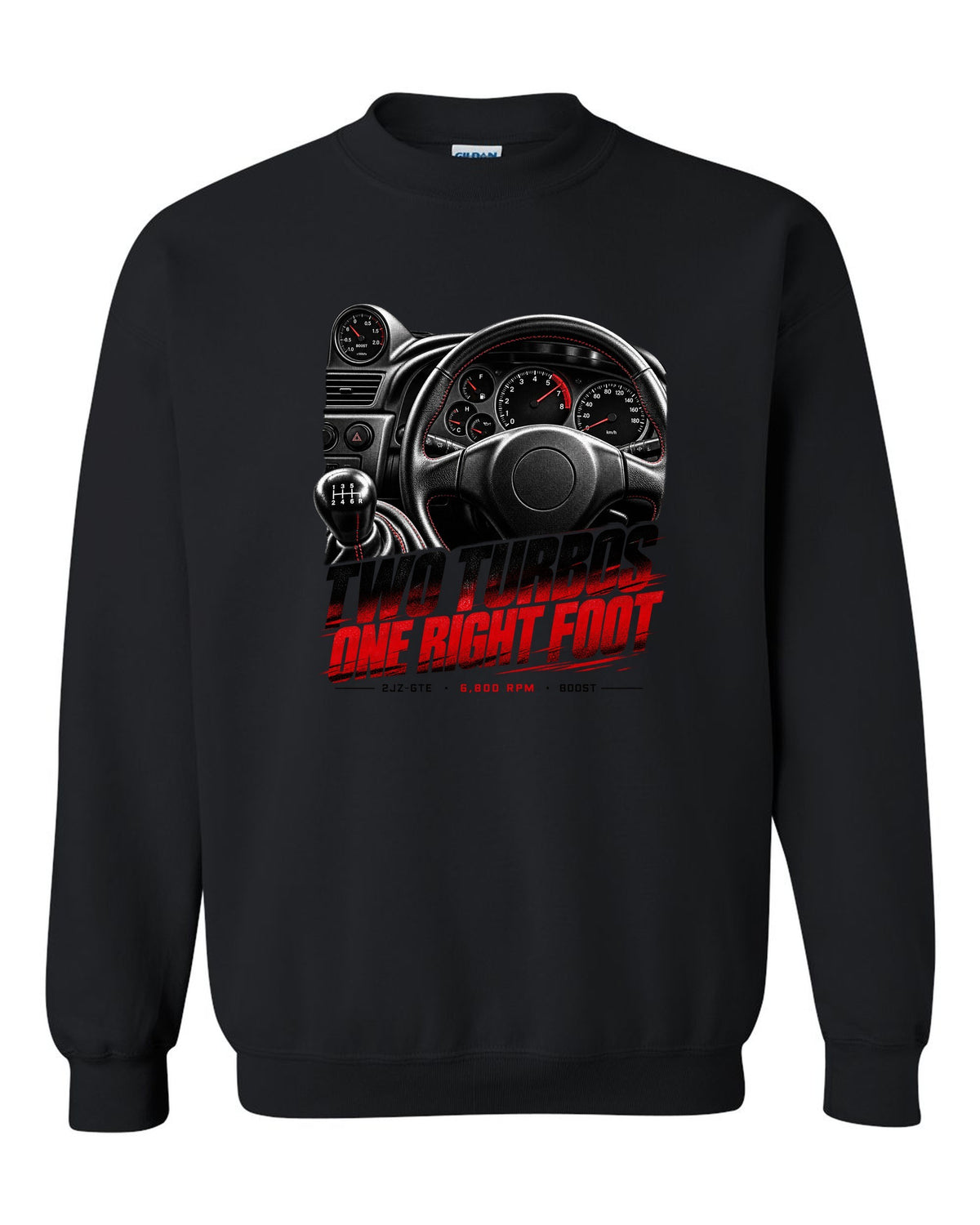Cockpit and gauge print of a Toyota Supra A80 JZA80 with 6,800 redline black crewneck front view with the design