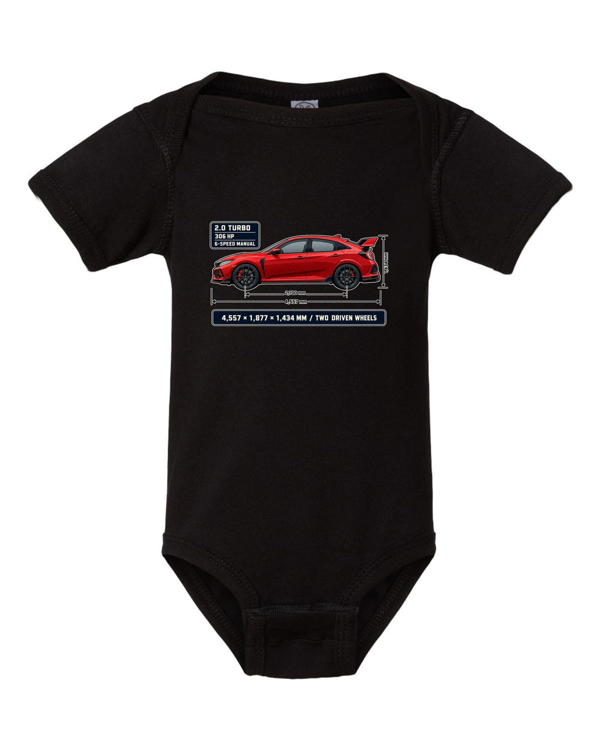 print dimension blueprint of a red Honda Civic Type R FK8 black baby onesie front view with the design