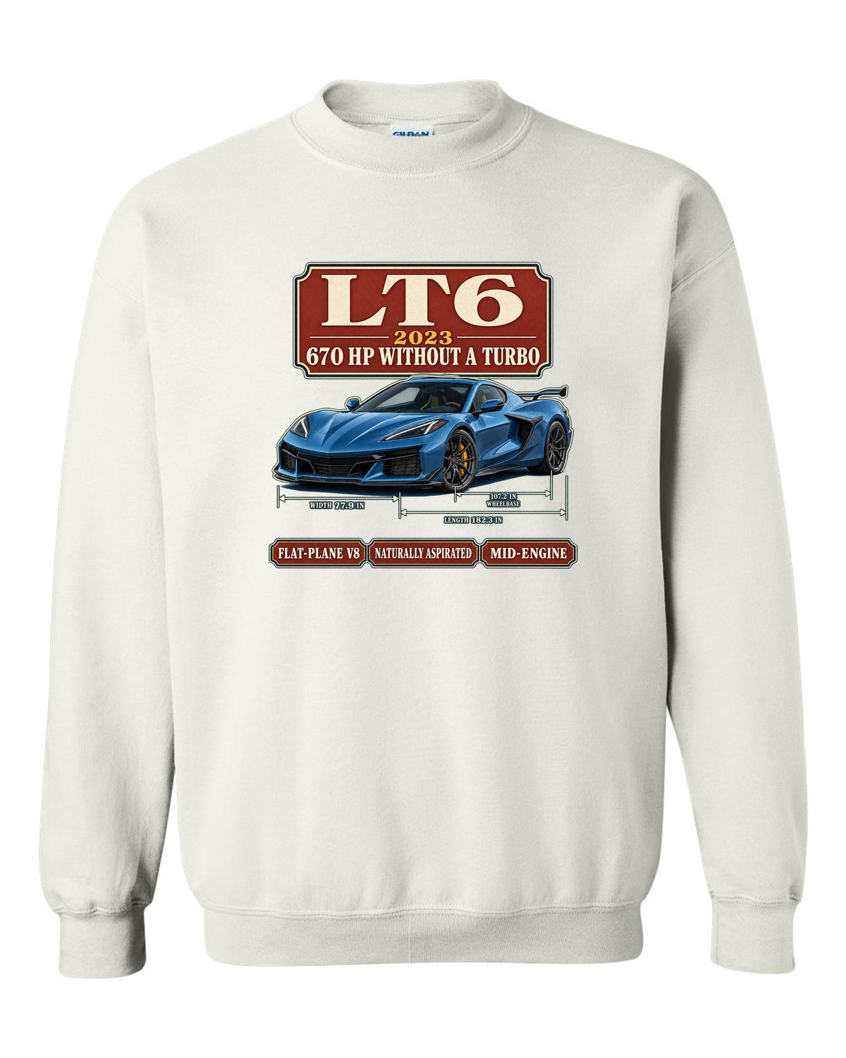 print of a Chevrolet Corvette C8 Z06 in an archive panel layout with LT6 and 670 HP text white crewneck front view with the design