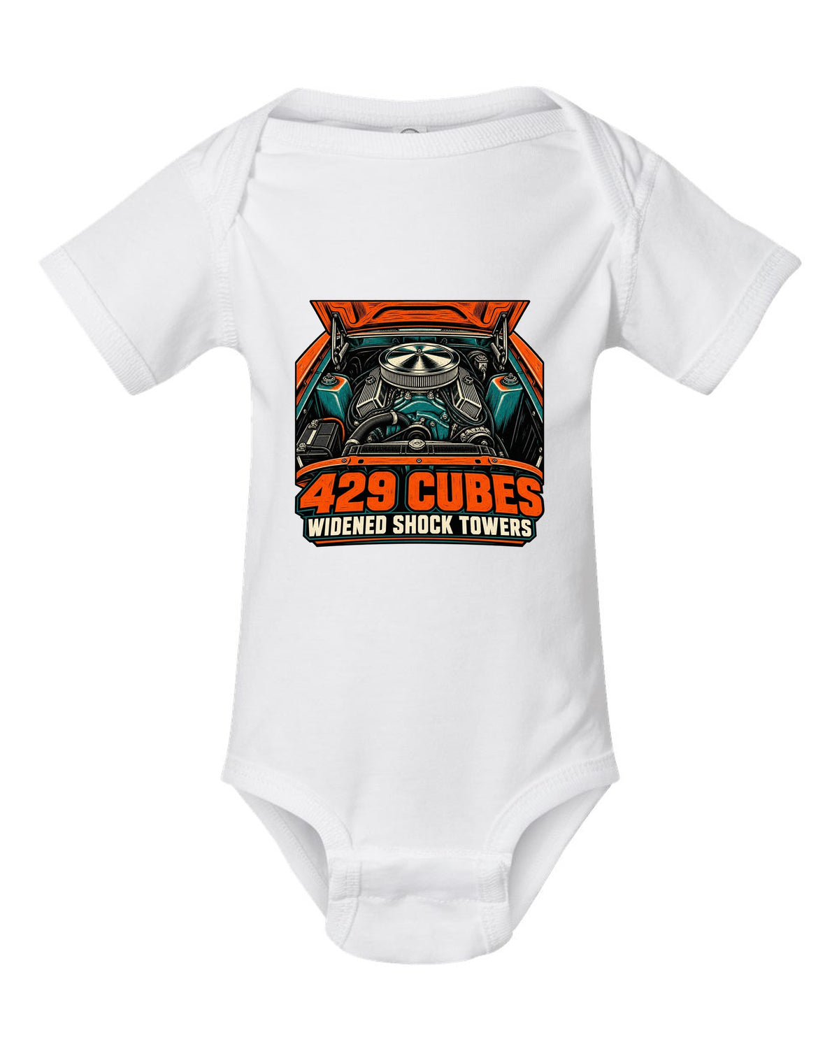 Woodcut linocut print of a 1969-70 Ford Mustang 429 engine bay white baby onesie front view with the design
