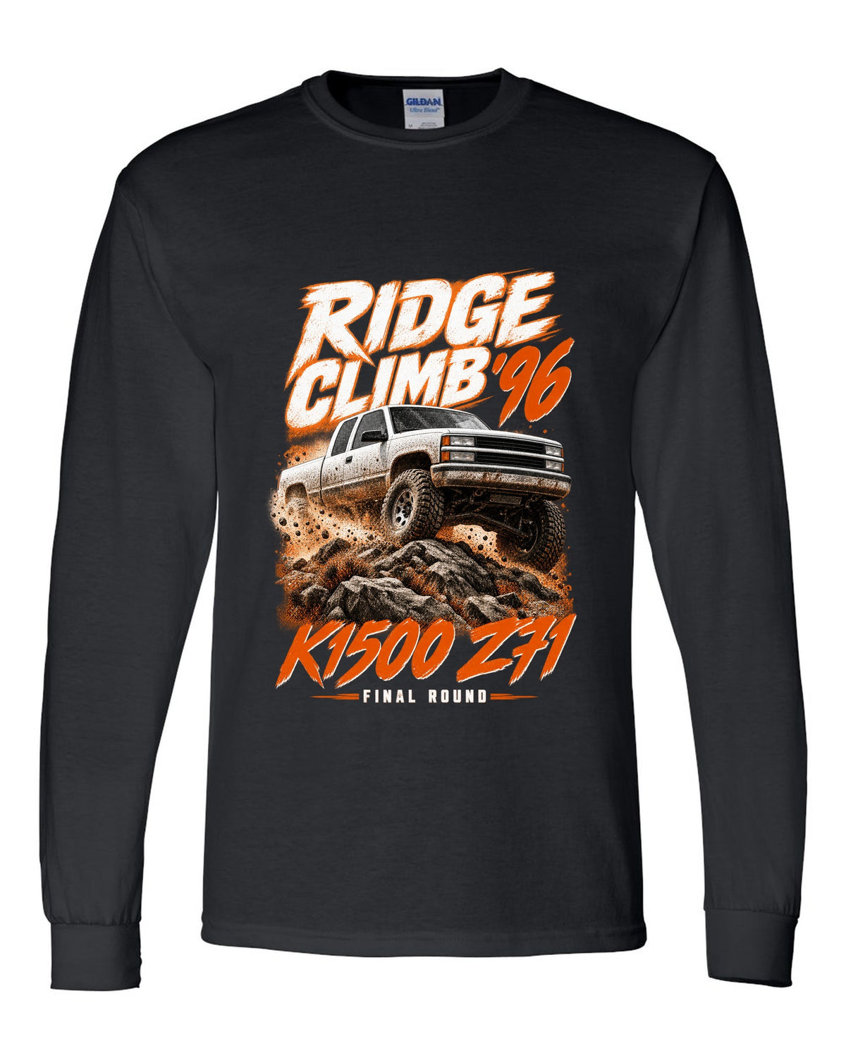 1996 Chevy K1500 Z71 OBS Ridge Climb race poster print black long sleeve front view with the design