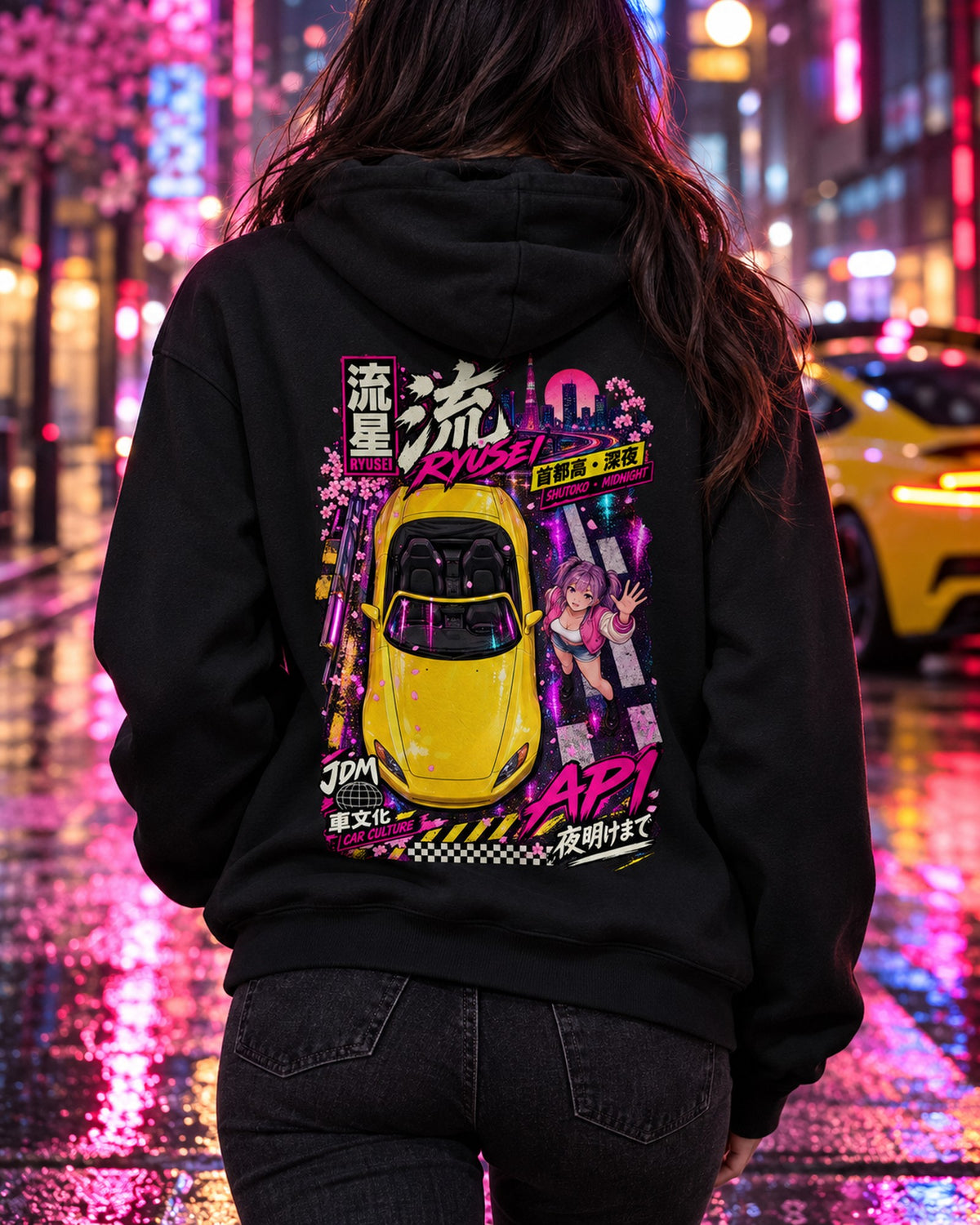 RYUSEI AP1 Anime Girl Full-Back Graphic Tee Pull Over Hoodie Black worn hero