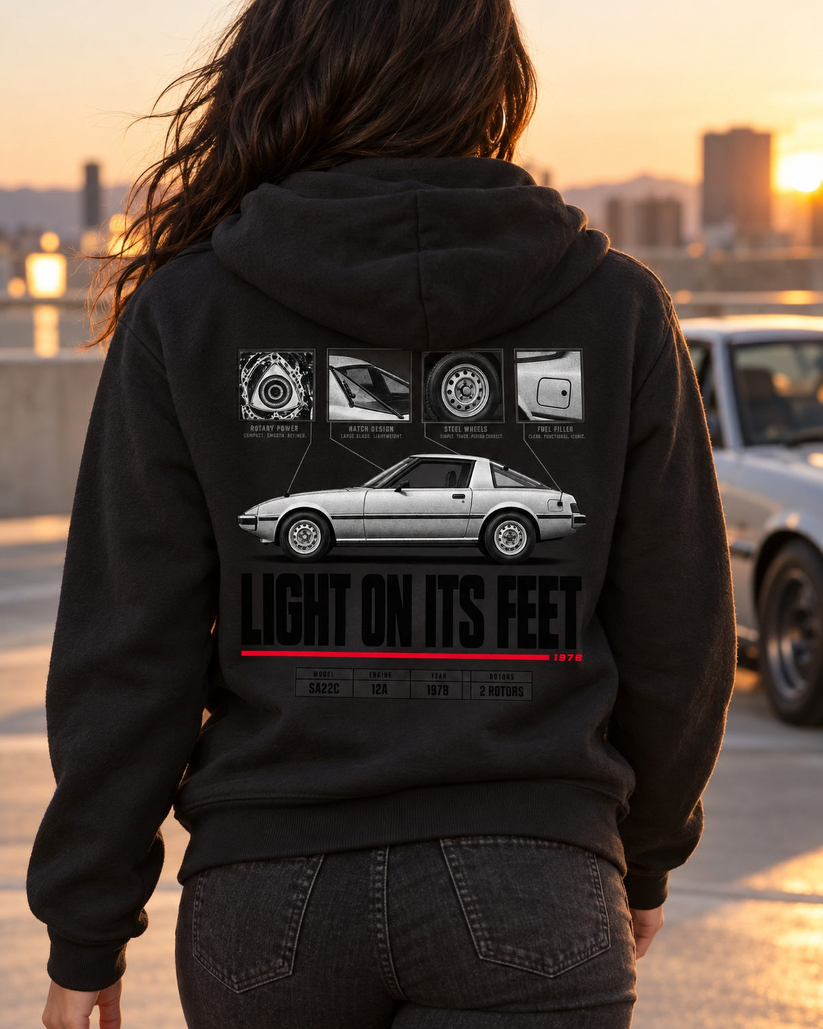 Mazda RX-7 SA22C Savanna Spec Poster Tee, Two Rotor Shirt Zip Hoodie Black worn hero