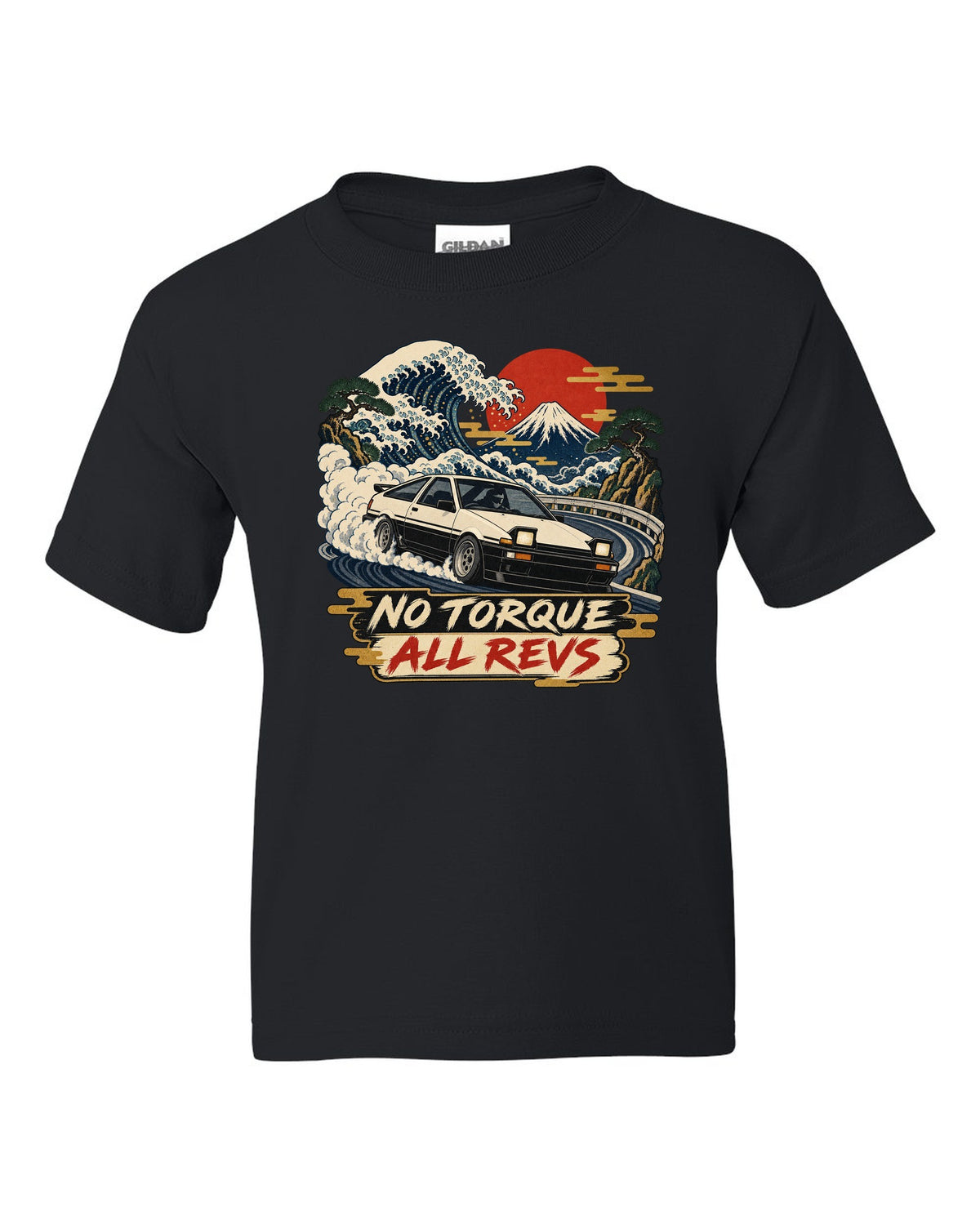 Woodblock ukiyo-e print of a 1985 Toyota Sprinter Trueno AE86 with No Torque All Revs lettering black kids tee front view with the design
