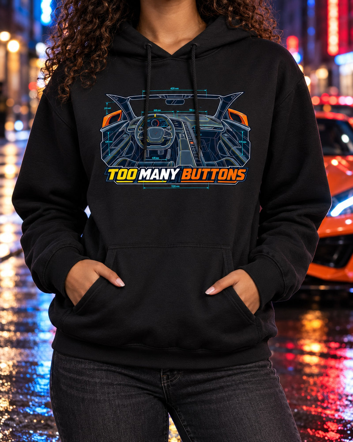 Corvette C8 Stingray Cockpit Blueprint Tee, Too Many Buttons Pull Over Hoodie Black worn hero