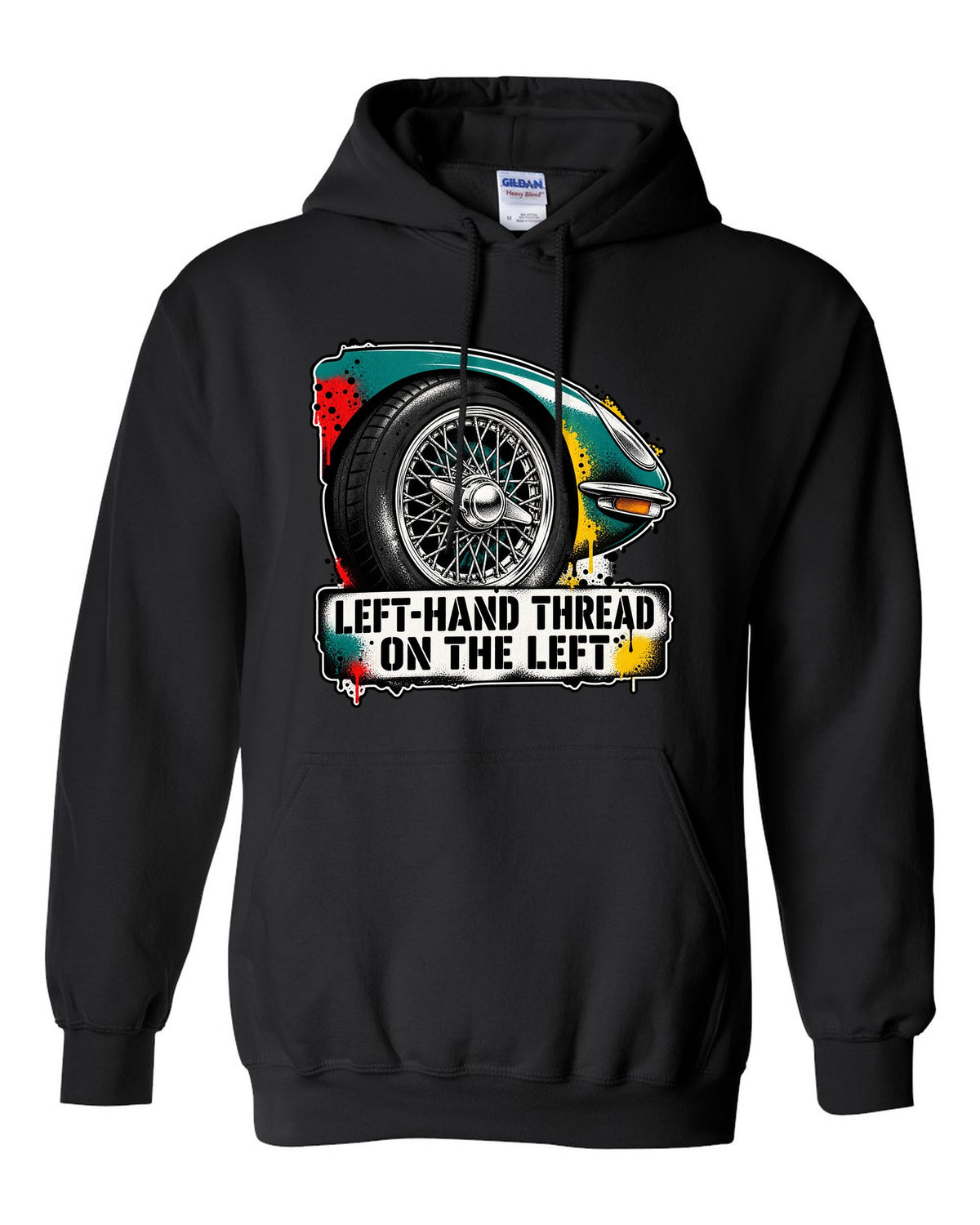Jaguar E-Type Series 1 stencil spray with LEFT-HAND THREAD ON THE LEFT lettering black pull over hoodie front view with the design