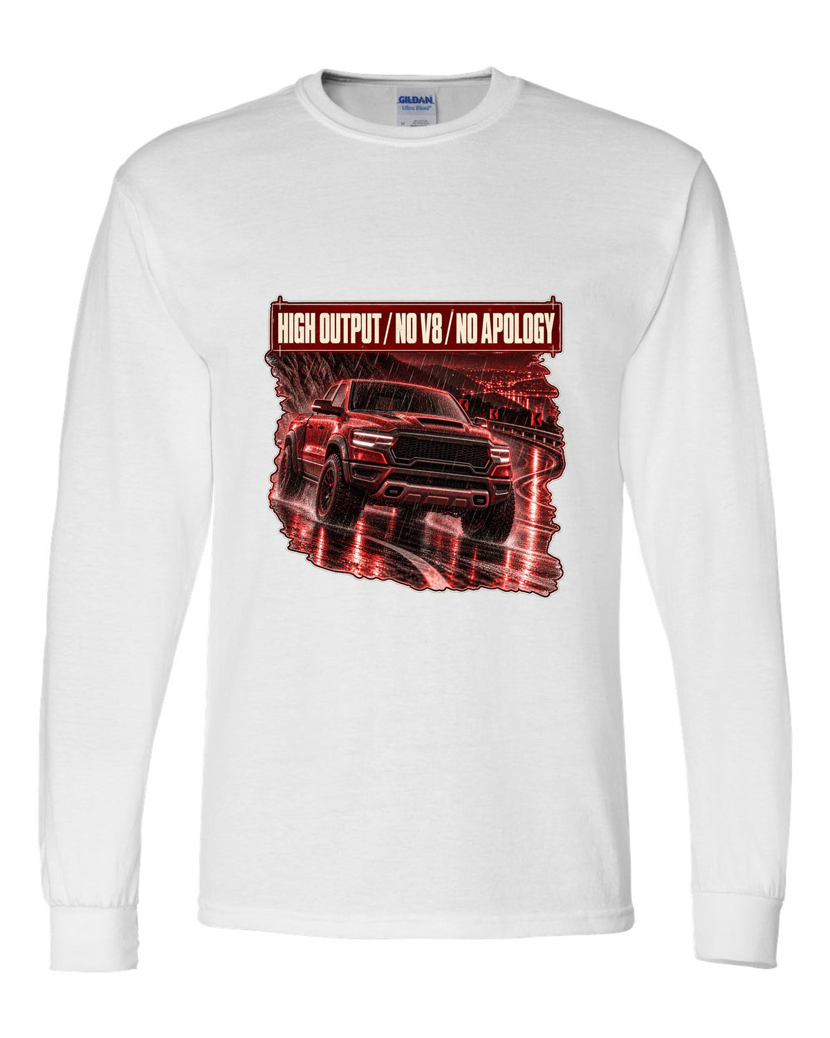Ram 1500 RHO 2025 night street poster print white long sleeve front view with the design
