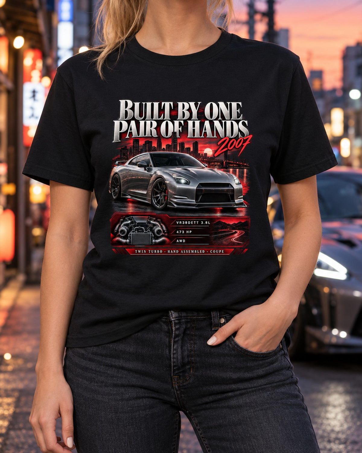 Nissan GT-R R35 Hand-Built VR38DETT Editorial Panel Tee T-Shirt Black worn hero