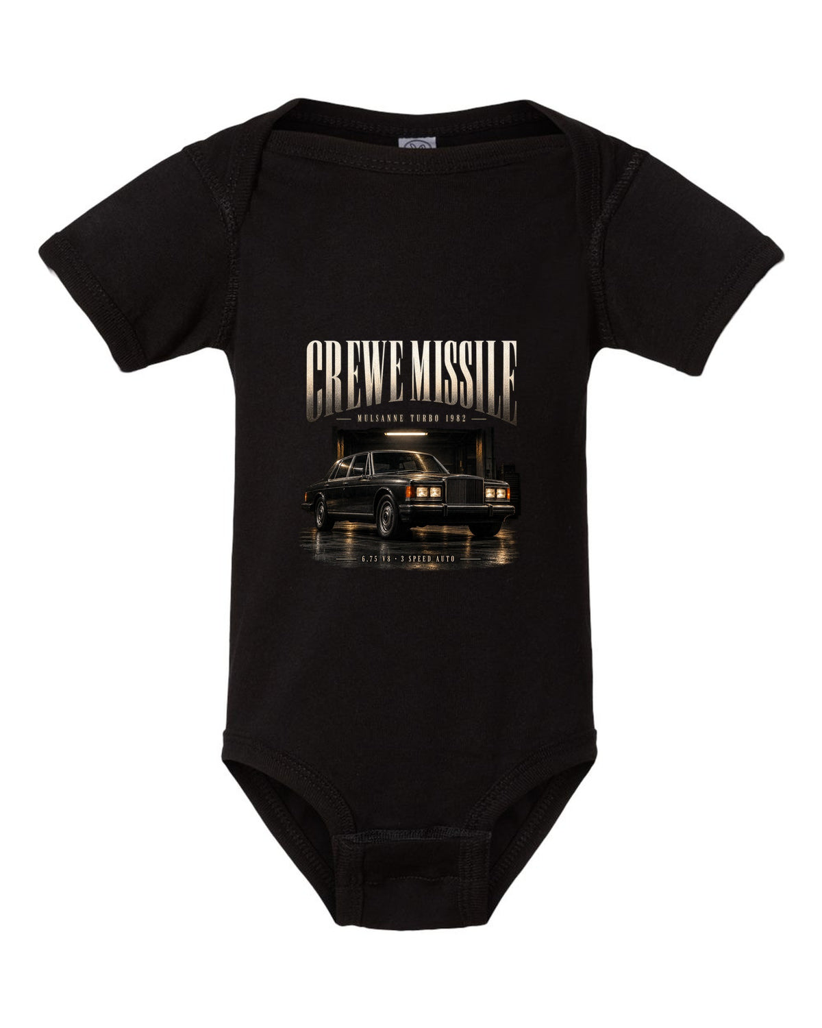 Bentley Mulsanne Turbo 1982 in a garage at night black baby onesie front view with the design