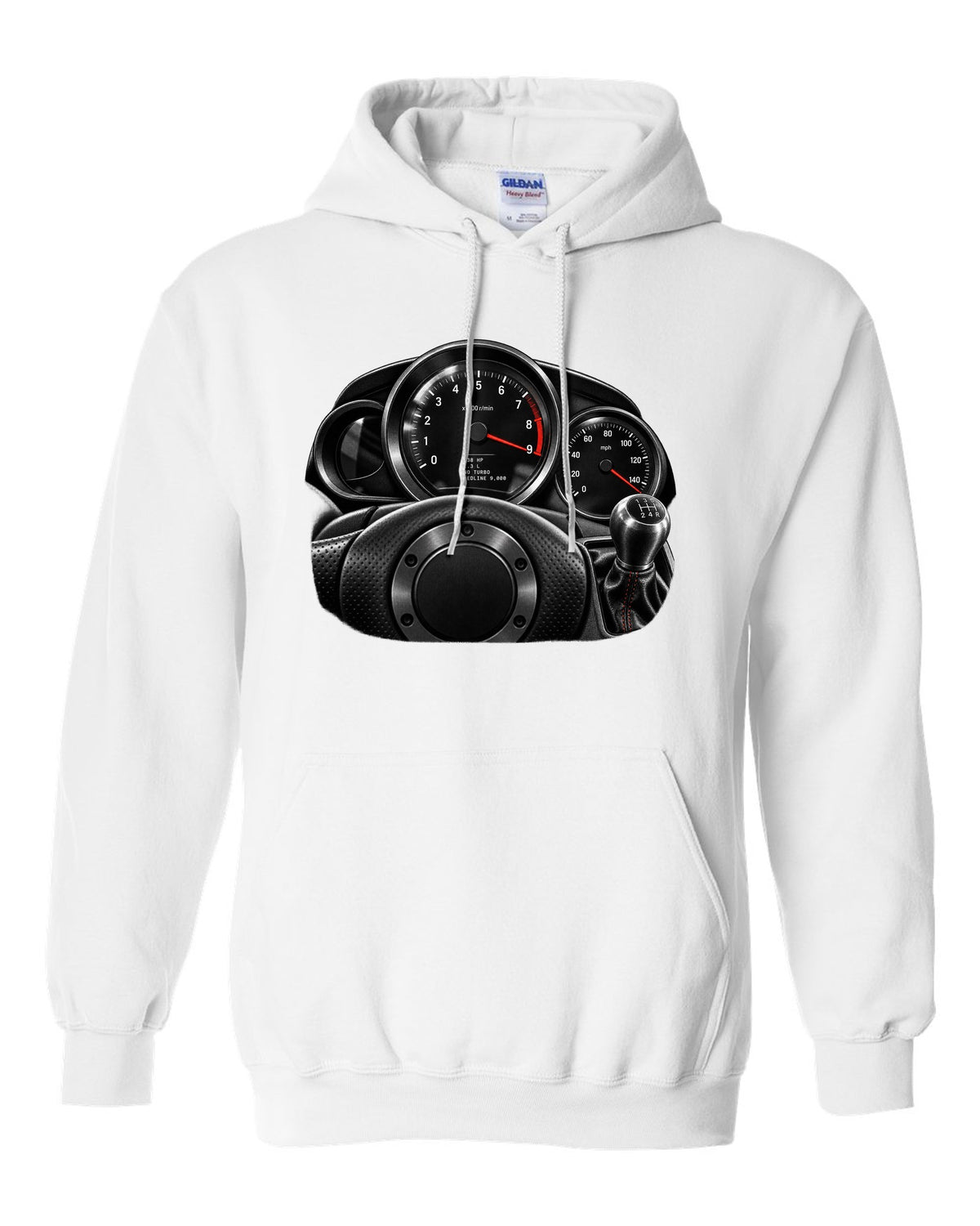 Gauge cluster print of a Mazda RX-8 SE3P with 9,000 redline lettering white pull over hoodie front view with the design