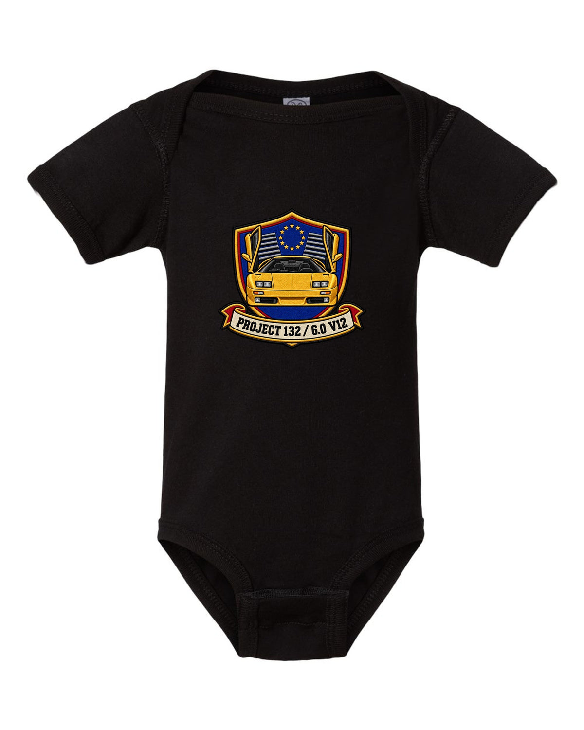 Varsity embroidery crest for a 2000 Lamborghini Diablo VT 6.0 reading Project 132 and 6.0 V12 black baby onesie front view with the design
