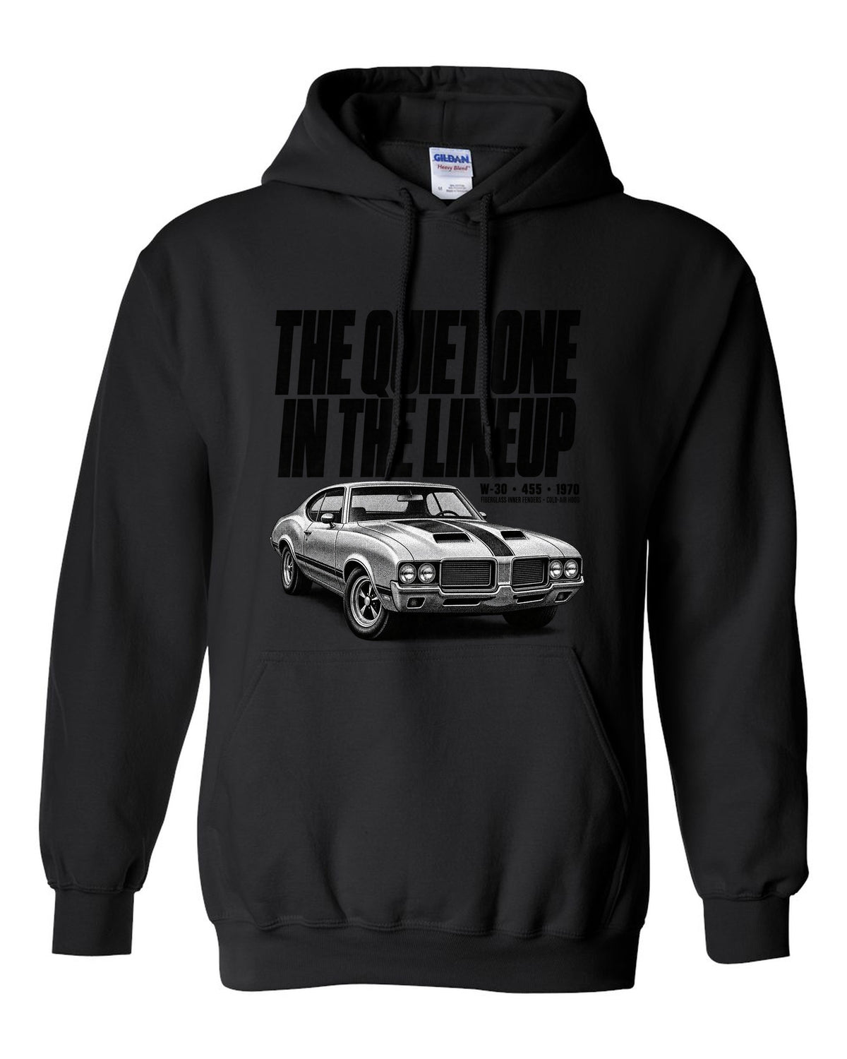 1970 Oldsmobile 442 W-30 halftone print with 455 and cold-air hood text black pull over hoodie front view with the design