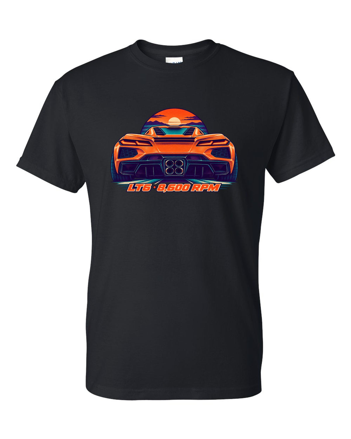 Risograph-style print of a Chevrolet Corvette C8 Z06 with quad exhaust tips and LT6 8,600 RPM lettering black t-shirt front view with the design
