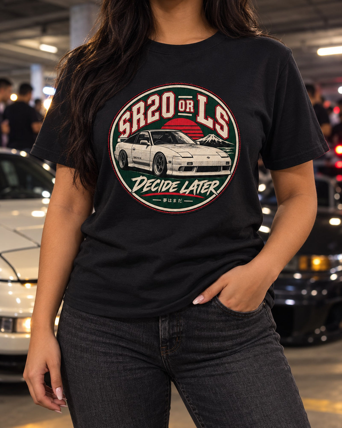 Nissan Silvia S13 Varsity Crest Tee, SR20 or LS Decide Later T-Shirt Black worn hero
