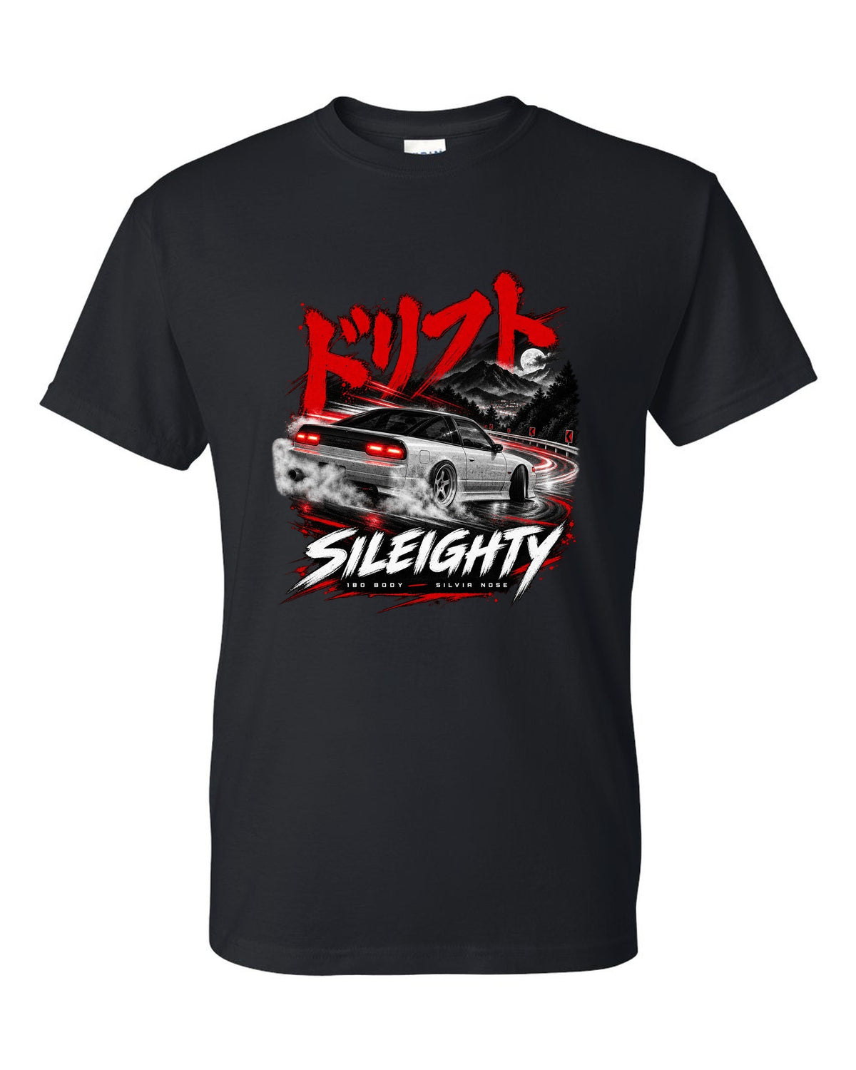 Touge night print of a Nissan Sileighty, 180SX body with Silvia nose black t-shirt front view with the design