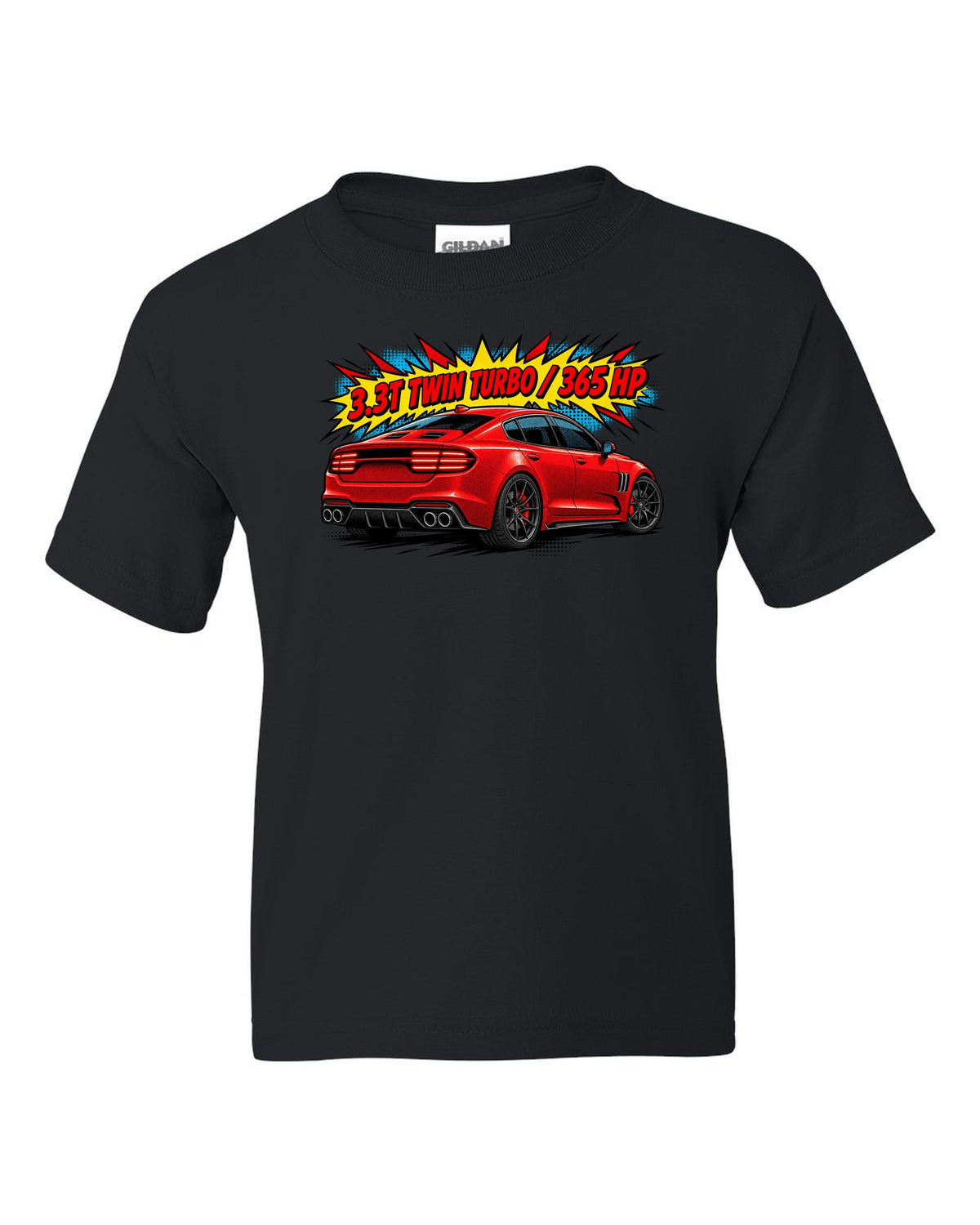 Comic halftone print of a Kia Stinger GT CK rear with 3.3T twin turbo 365 HP text black kids tee front view with the design