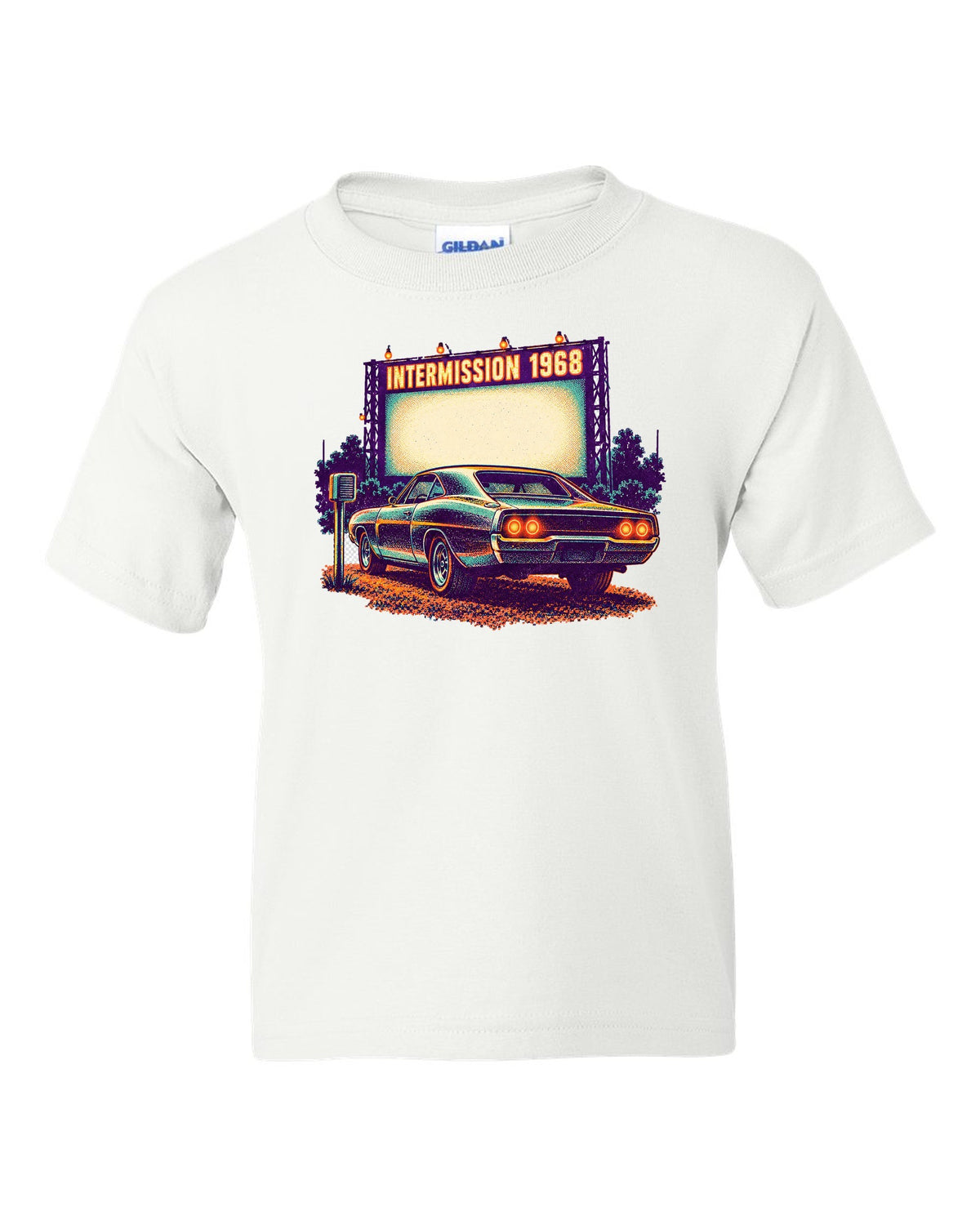 Risograph spot colour drive-in scene with a 1968 Dodge Charger R/T and INTERMISSION text white kids tee front view with the design