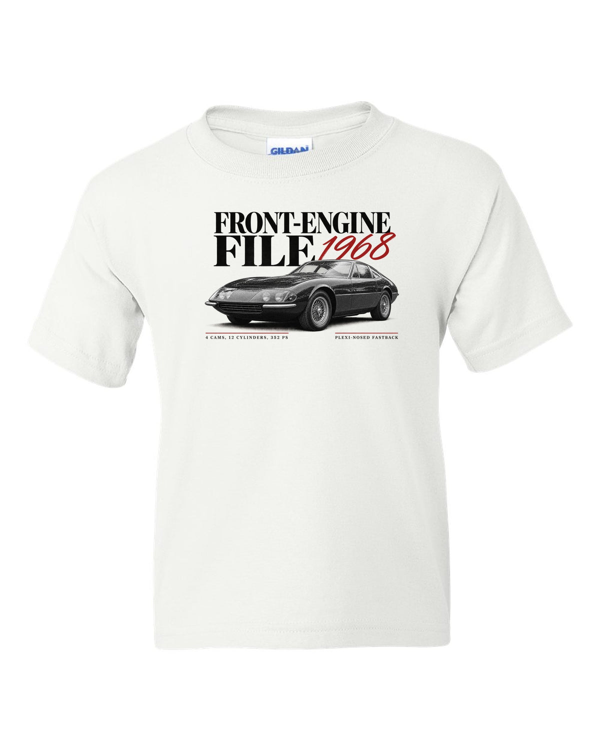 Editorial headline print of a Ferrari 365 GTB/4 Daytona with Front-Engine File 1968 and 352 PS text white kids tee front view with the design