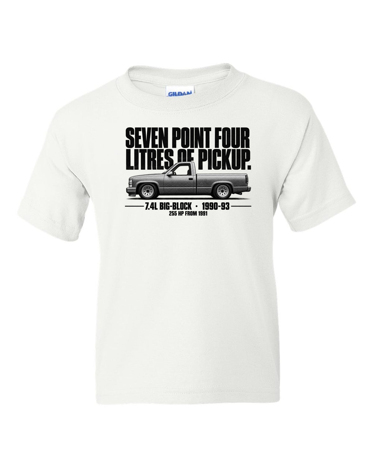 Chevy 454 SS Pickup Halftone Profile white kids tee front view with the design