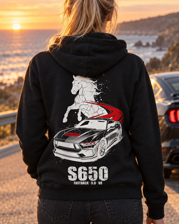 Mustang S650 Stallion Pull Over Hoodie & Zip Hoodie Zip Hoodie Black worn hero