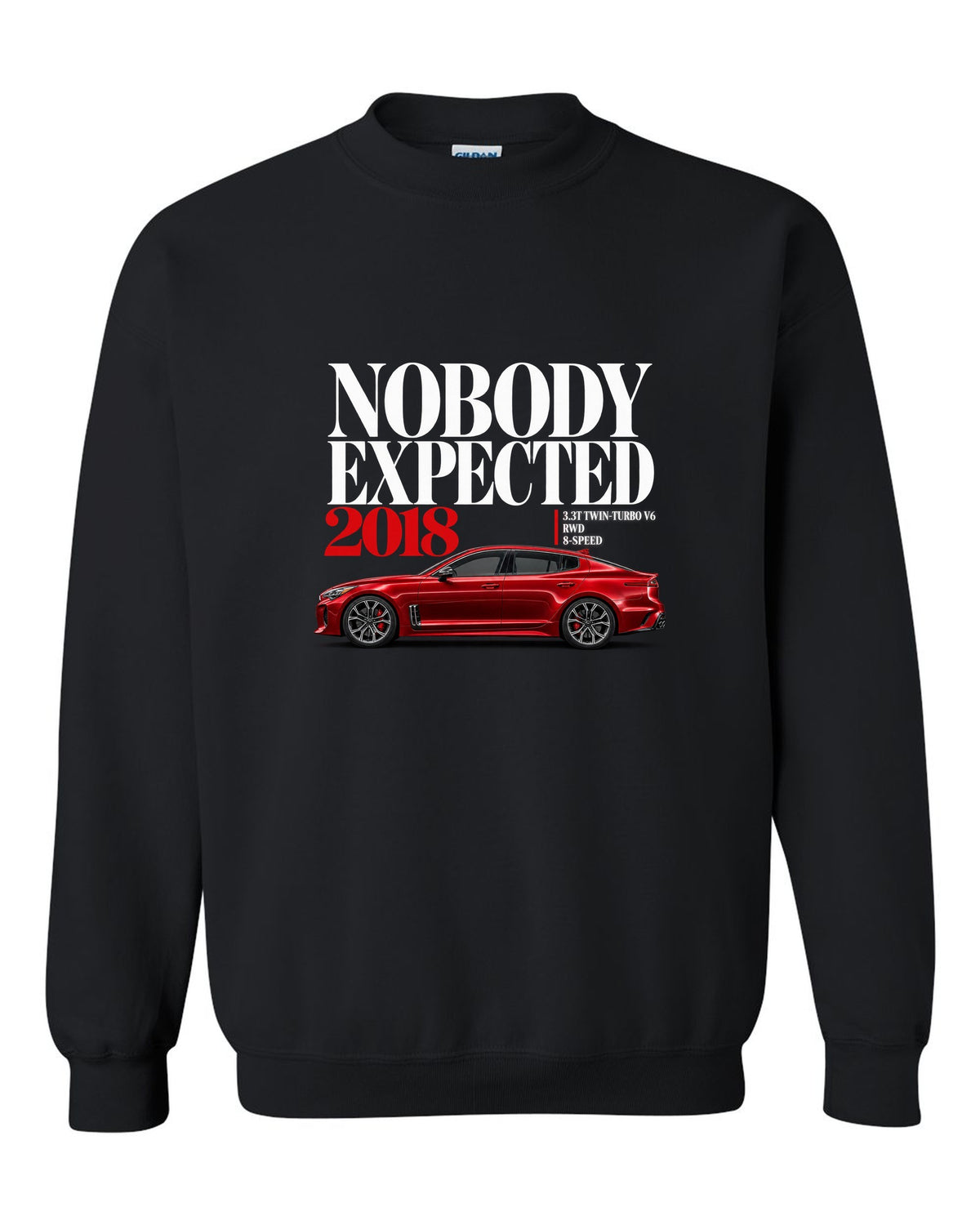 Kia Stinger GT editorial headline print with twin-turbo V6 spec text black crewneck front view with the design